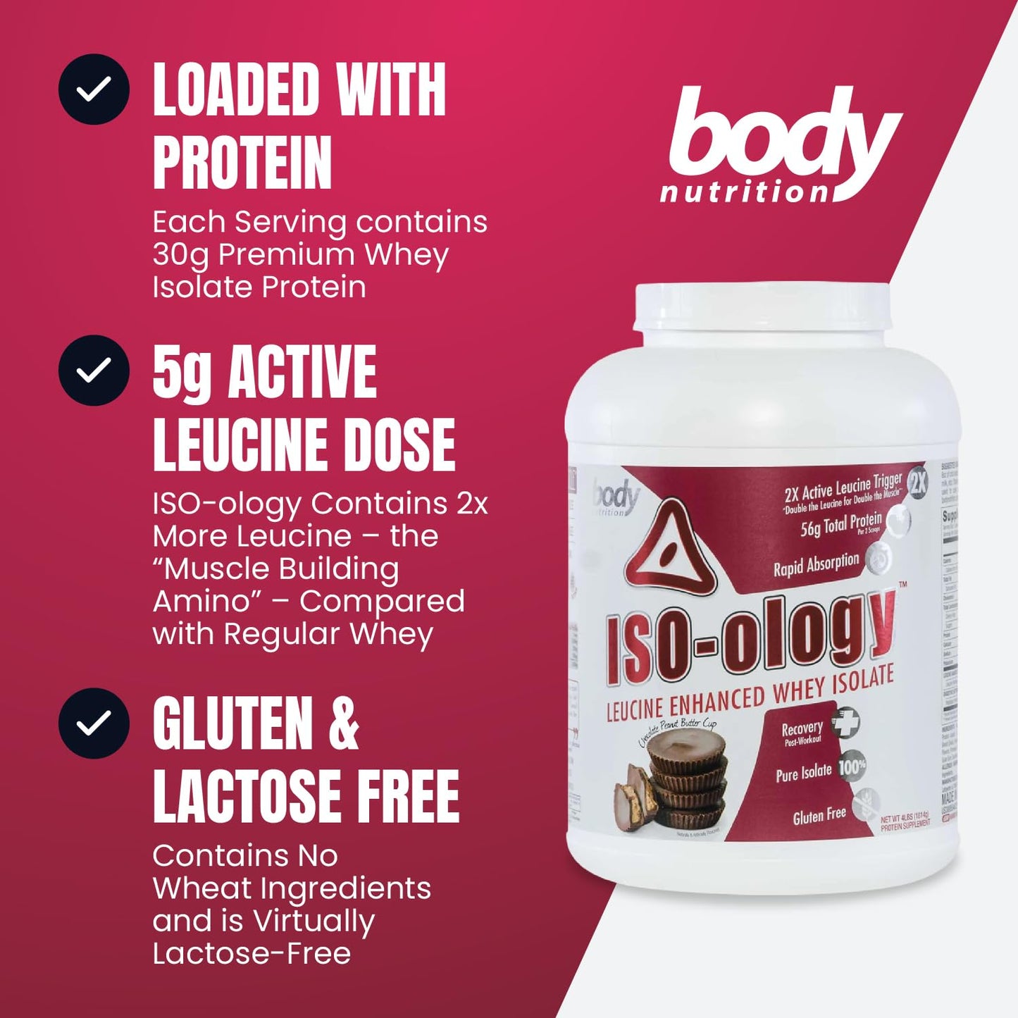 Body Nutrition ISO-Ology Leucine-Enhanced Whey Isolate Protein Powder, Chocolate Peanut Butter Cup Flavor, Grass-Fed, 64 Servings