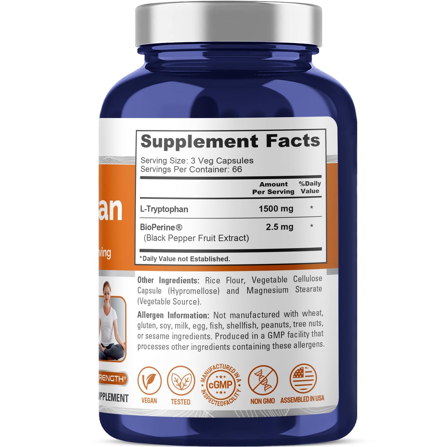 NusaPure L-Tryptophan Capsules, 1500 mg, 200 Veggie Capsules (Non-GMO, Vegan)