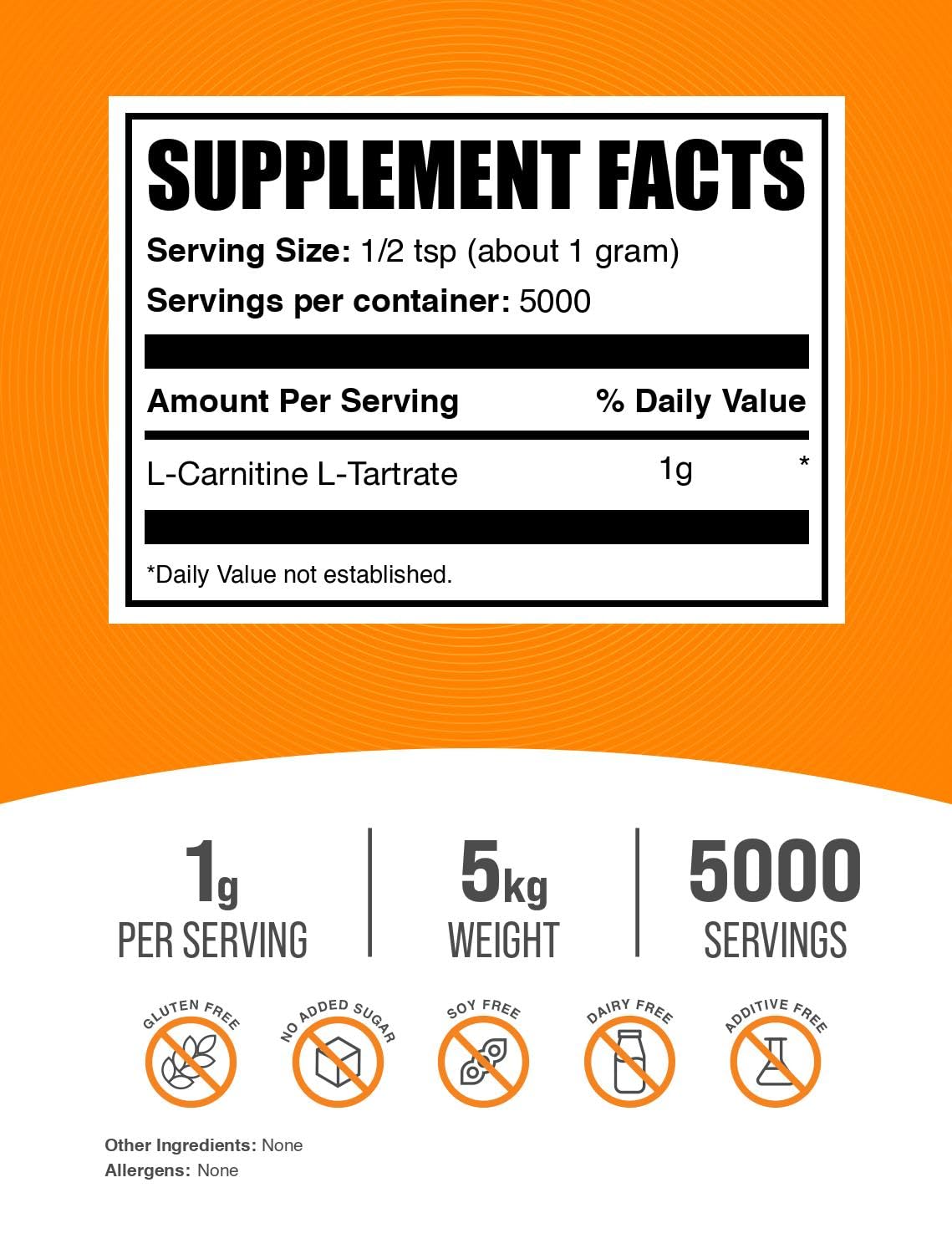 BulkSupplements L-Carnitine Tartrate Powder, 2.2 Pound (Pack of 5)