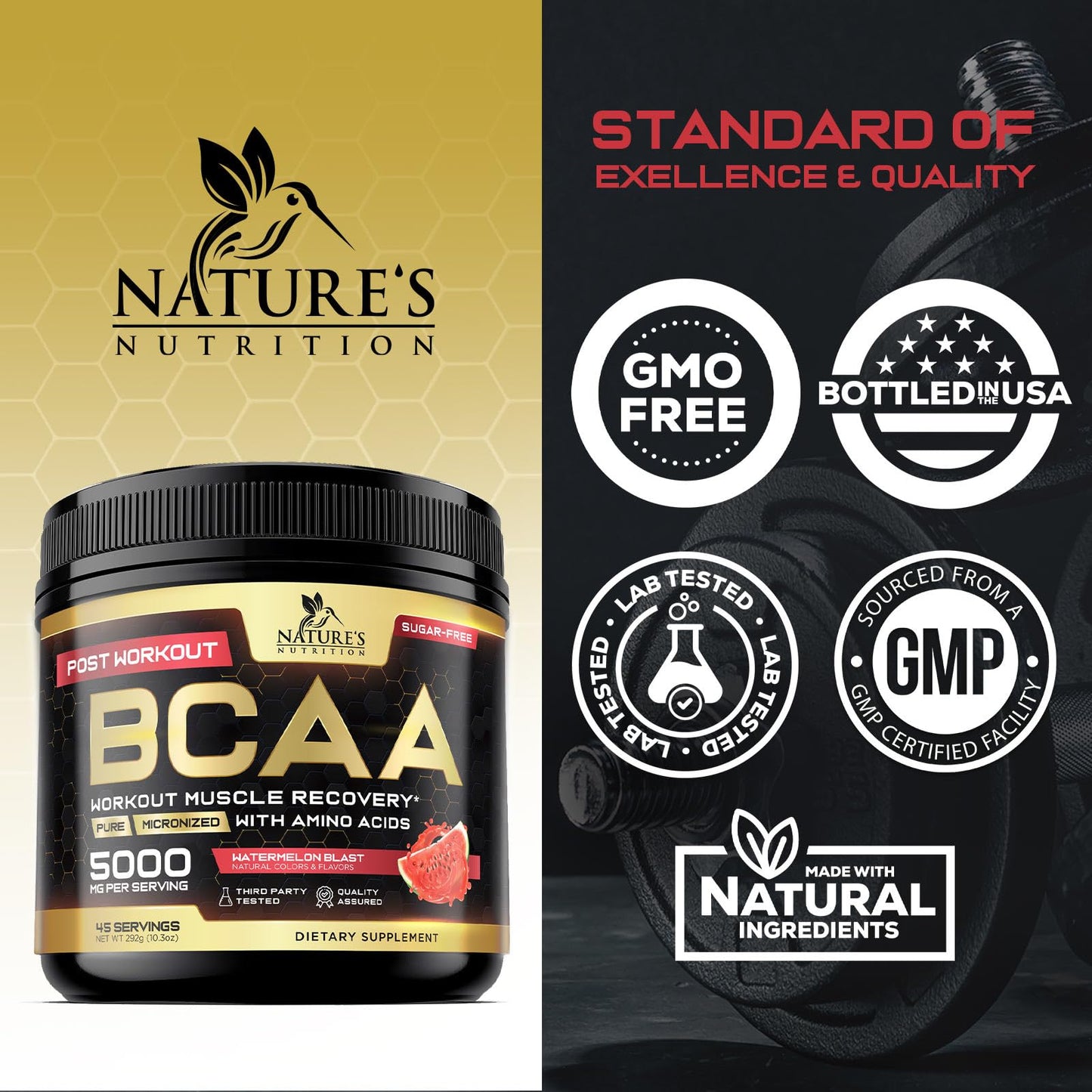 Nature's Nutrition BCAA Powder with L-Glutamine & Amino Acids, Watermelon, 10.3 Ounce