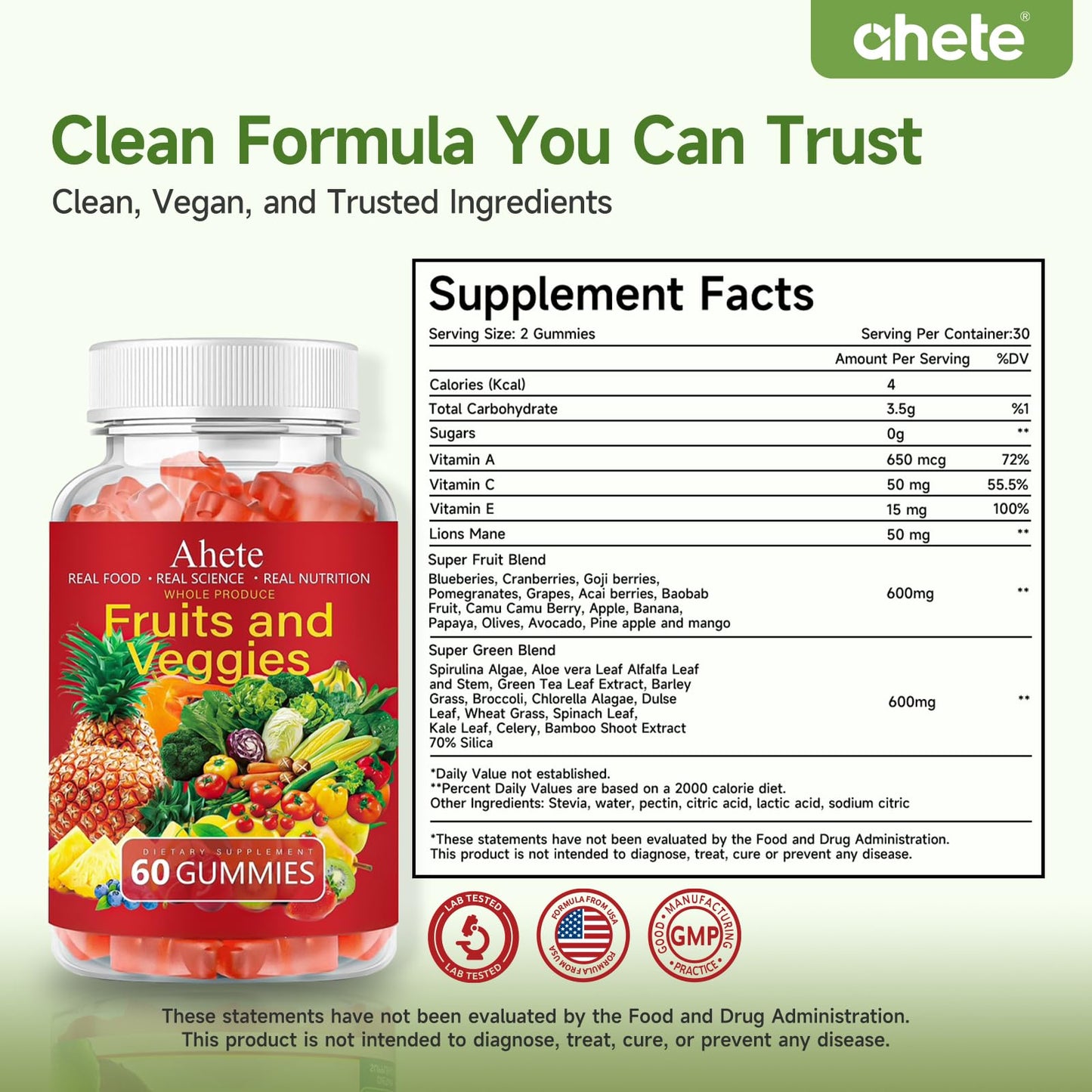Ahete Fruit and Veggies Vitamin A C E Gummies, 180 Count (60 Count per Pack, Pack of 3)