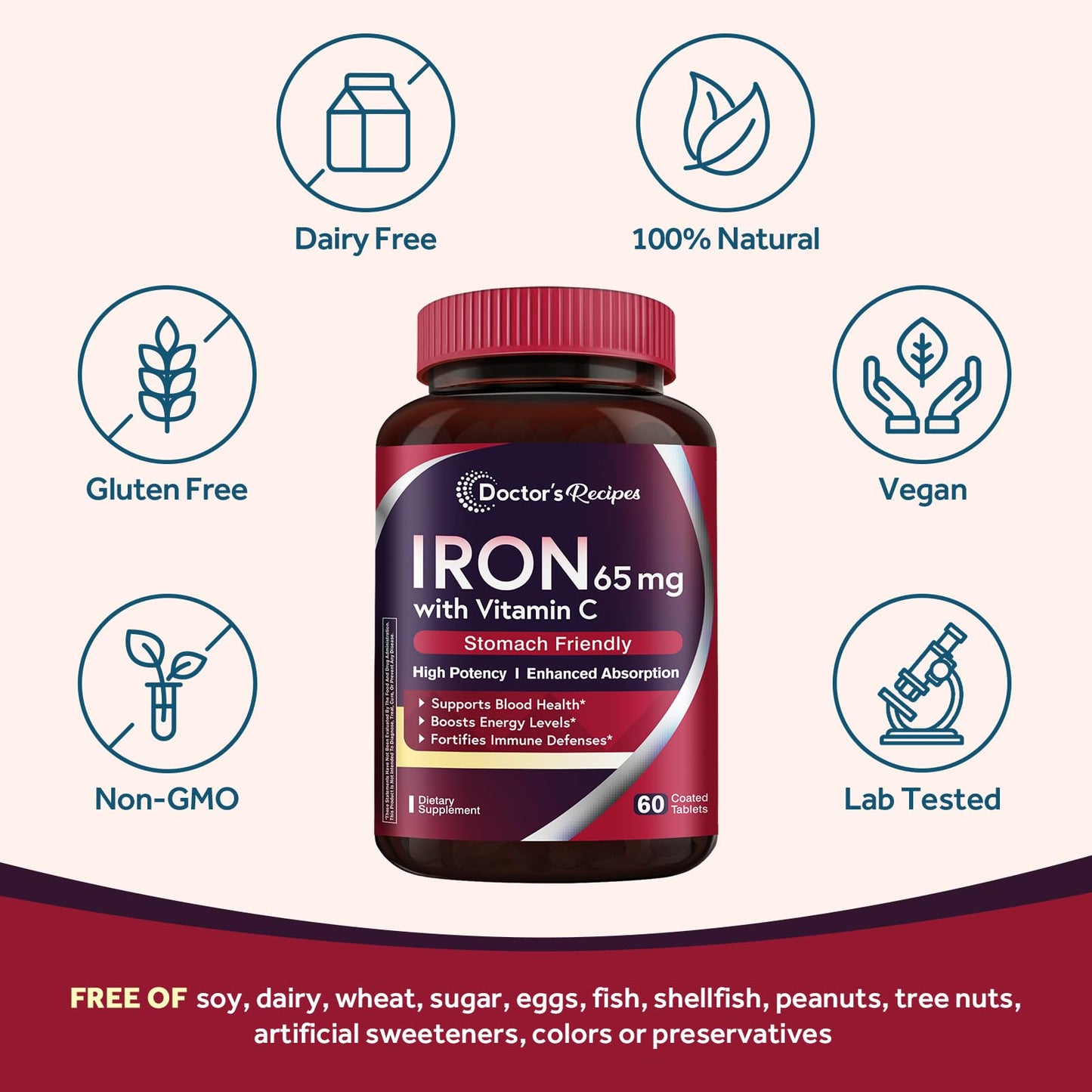 Doctor's Recipes Iron Supplement 65 mg with Vitamin C - Maximized Absorption & Stomach Friendly Iron Pills for Red Blood Cells Formation, Heart, Brain & Immunity Health - Vegan Non-GMO Tablets, 30 Count