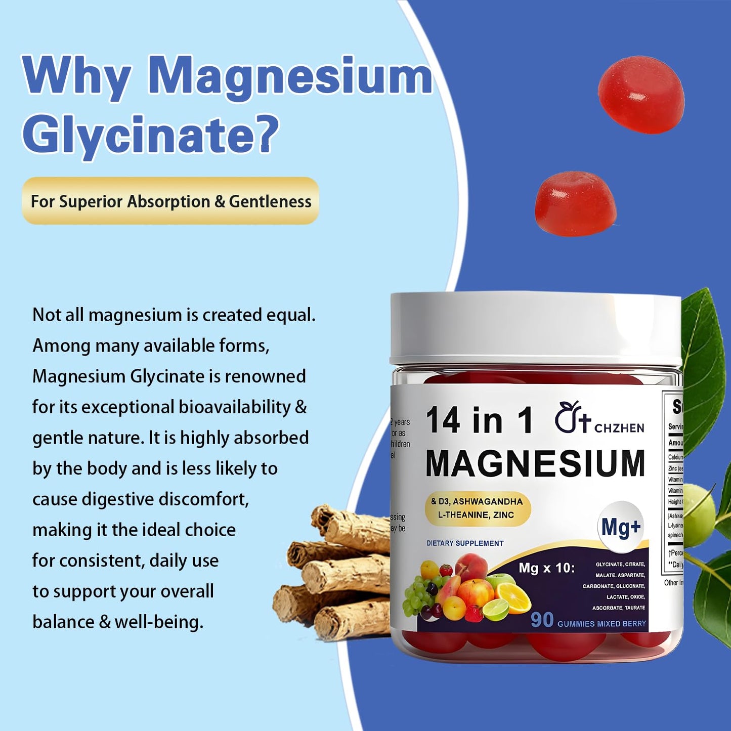 SERSANVE Magnesium 14-in-1 Complex Gummies with Ashwagandha & L-Theanine, Zinc, 90 Gummies