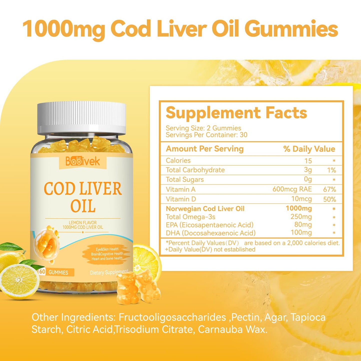 Babivek Cod Liver Oil Gummies 1000mg for Adults & Kids Fish Oil Supplement, 60 Count