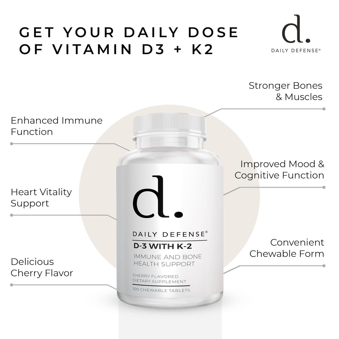 Daily Defense Vitamin D3 K2 2000IU Chewable 100 Tablets