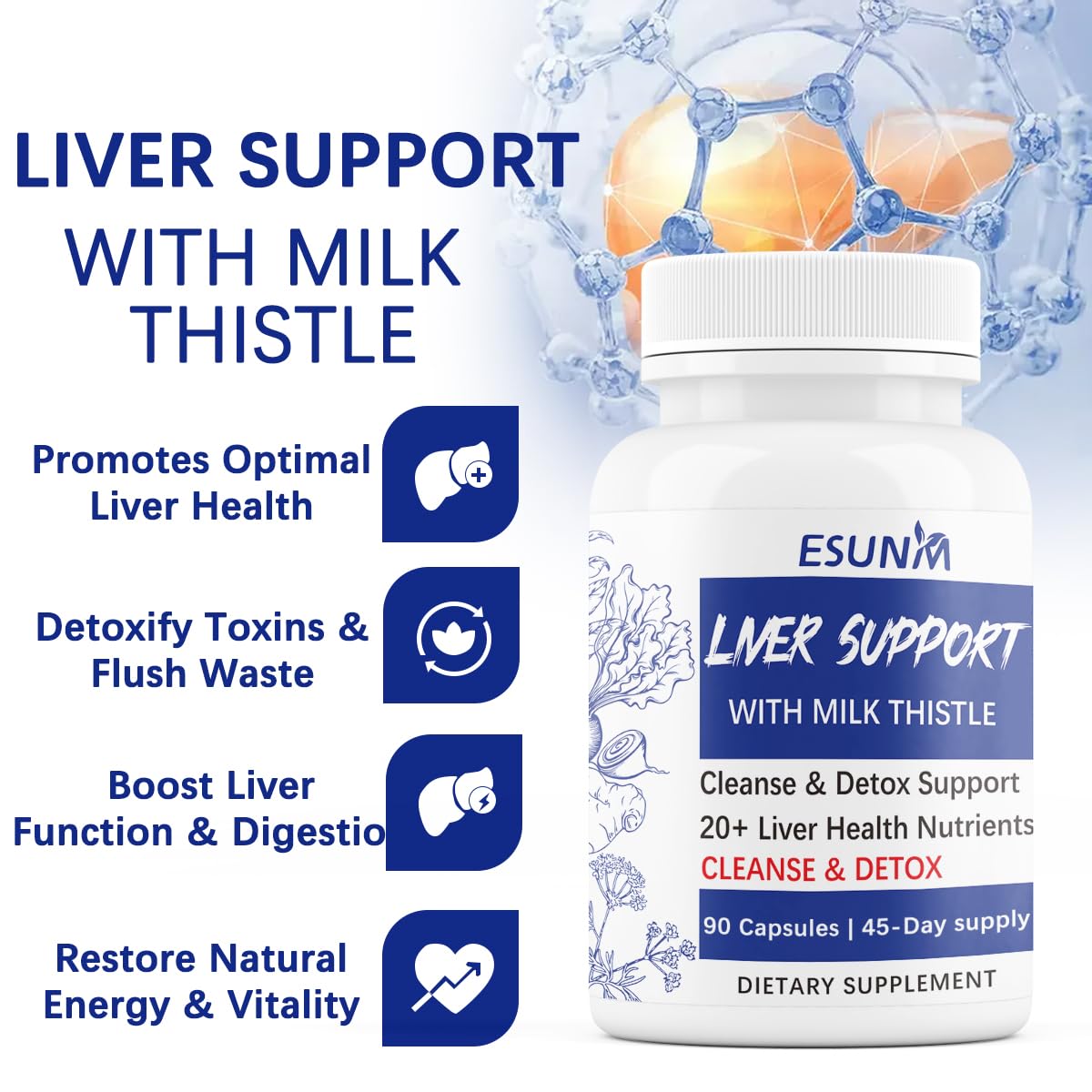 ESUNM Advanced Liver Cleanse Support Supplement – Milk Thistle Liver Detox with Silymarin, Dandelion, Artichoke, Beetroot & Choline Capsules, 60 Count