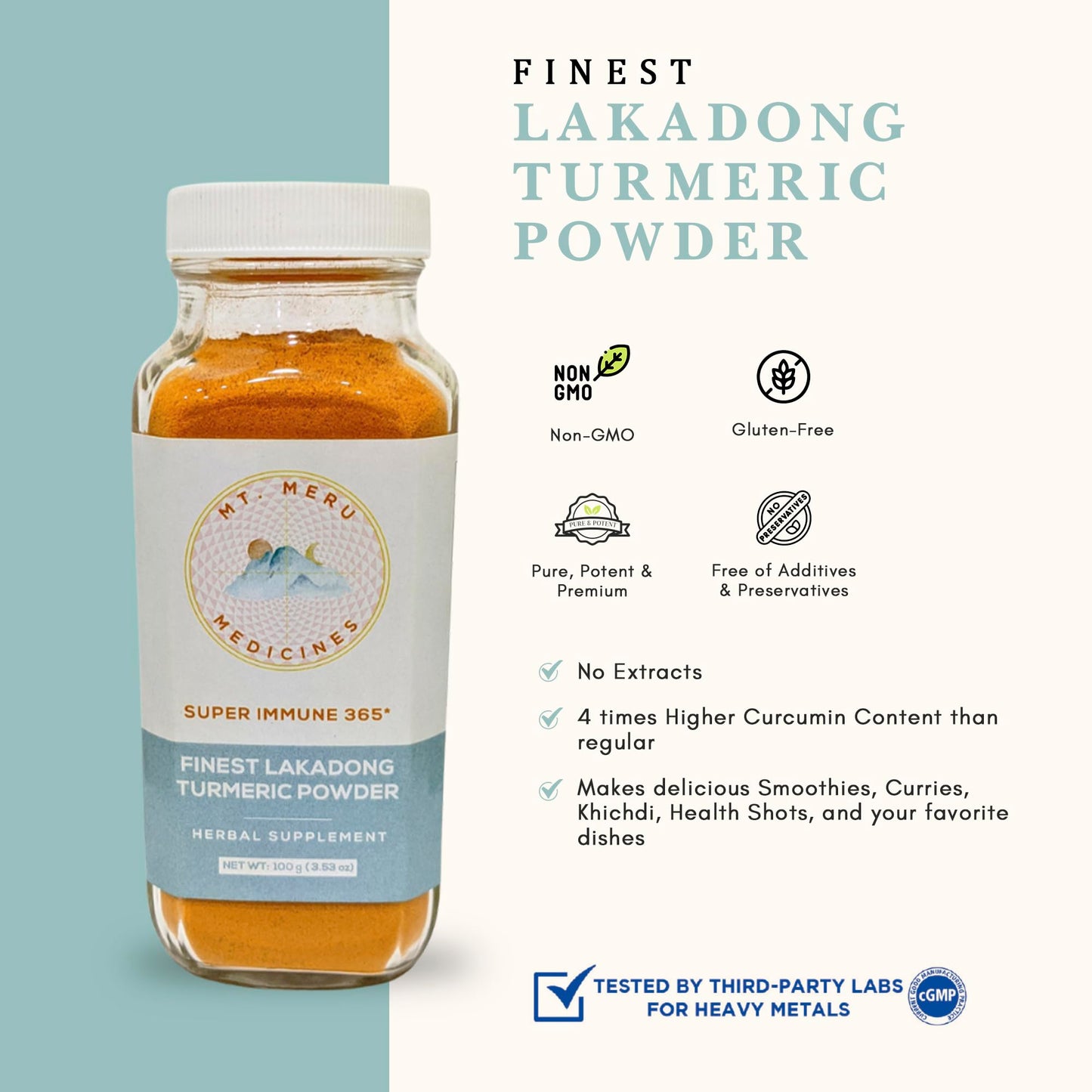 Mt. Meru Medicines Lakadong Turmeric Powder, 3.53 oz