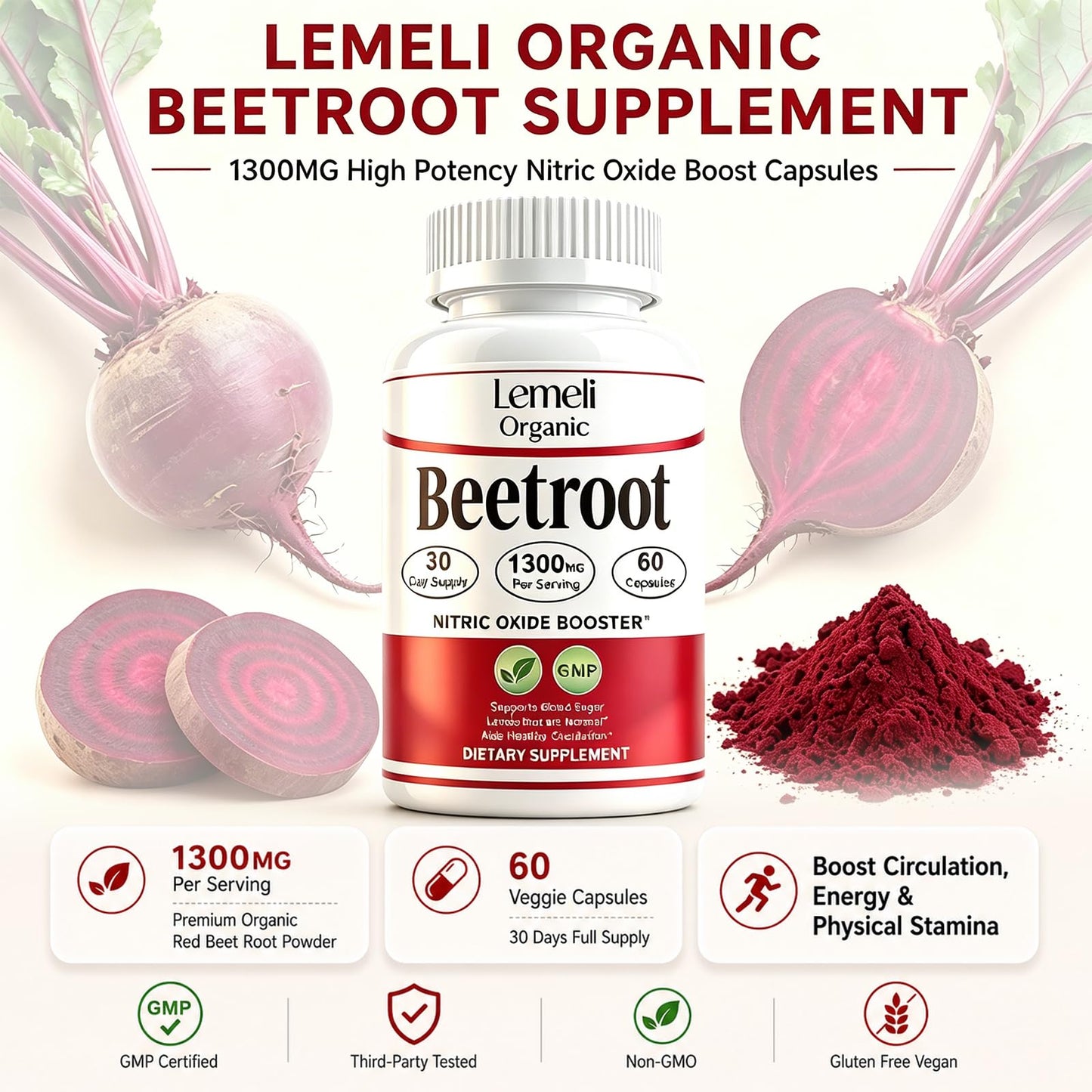 Lemeli Organic Beet Root Capsules 1300mg – Beetroot Organic Powder Extract Supplement, Energy, Circulation & Stamina – Non GMO, Gluten Free, Plant Based, 60 Capsules