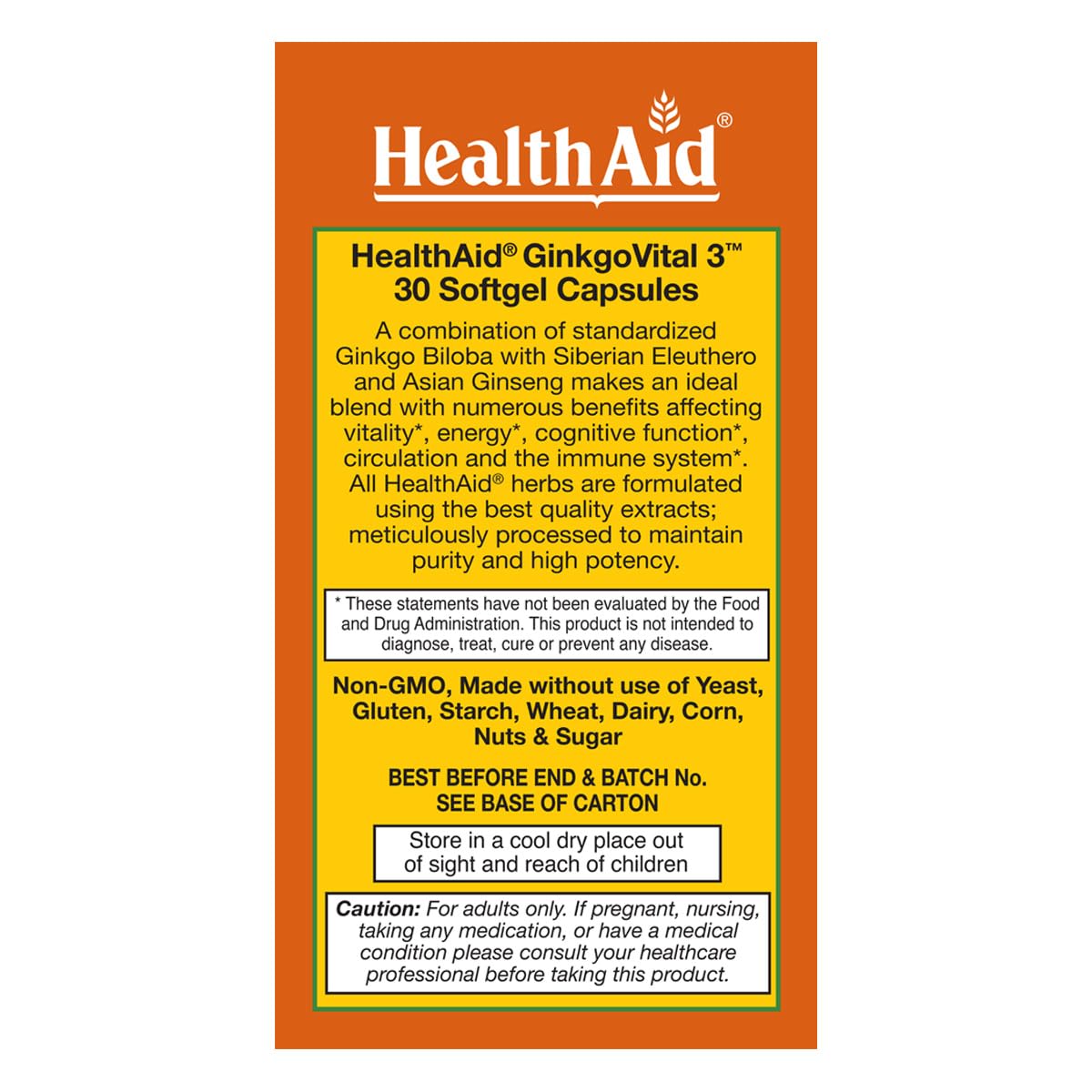 HealthAid Ginkgo Vital 3 Capsules, 30 Count