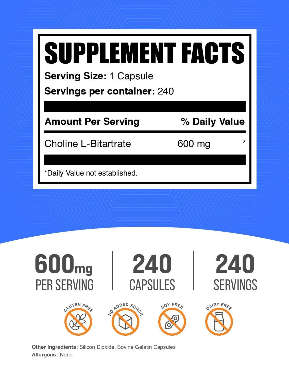 BulkSupplements Choline Bitartrate 180 Capsules