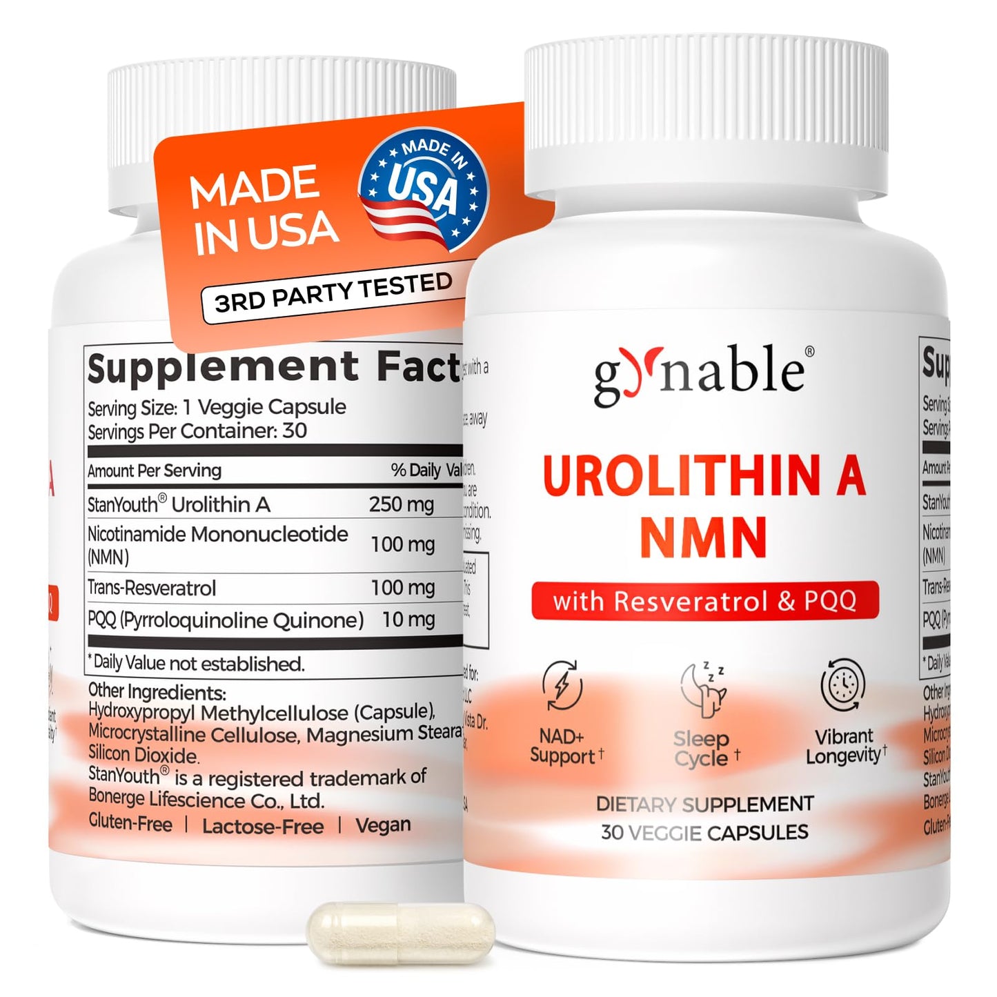 Vevoec Gynable Patented Urolithin A Supplement with NMN, Trans-Resveratrol & PQQ 4-IN-1 Complex Cellular Energy & Muscle Strength Longevity Supplement Capsules, 30 Count