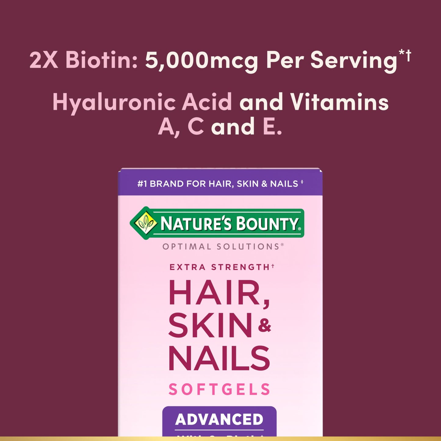 Nature's Bounty Advanced Hair, Skin & Nails, Argan-Infused Vitamin Supplement with Biotin and Hyaluronic Acid Softgels, 300 Count