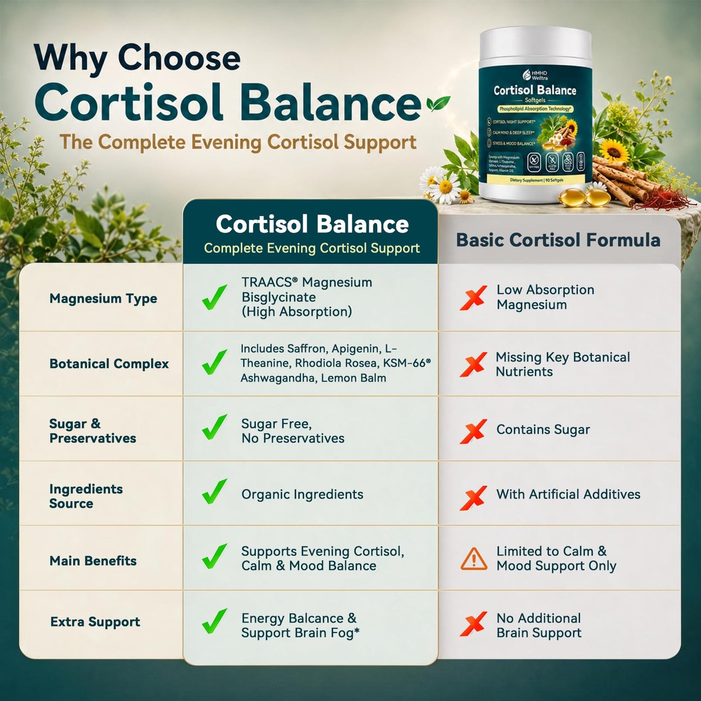 HMHDWelltra Cortisol Supplements for Women and Men, 10-in-1 Cortisol Reducer Detox Manager Softgels with Magnesium L-Theanine Apigenin Saffron Rhodiola, Non-Melatonin Liposomal, 90 Softgels