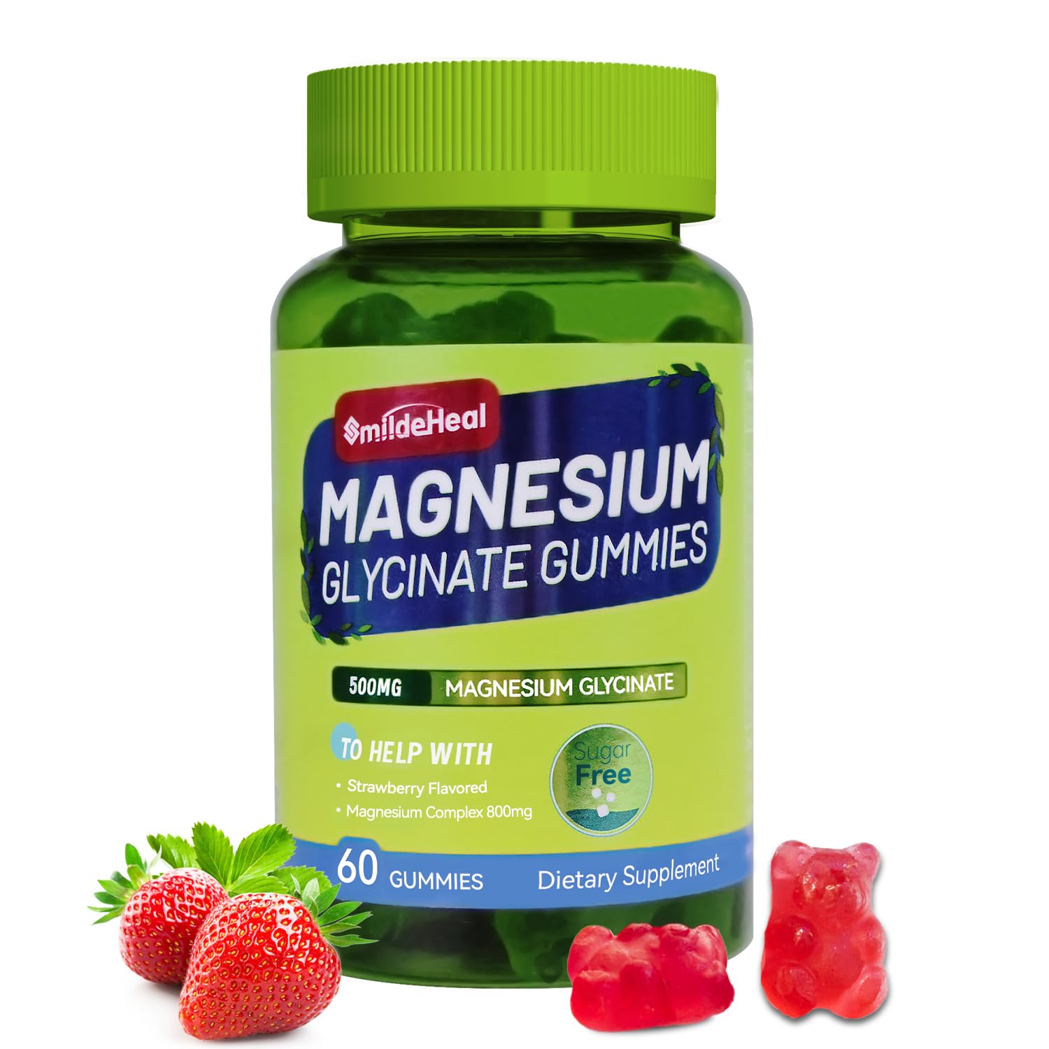 SmildeHeal Magnesium Glycinate Gummies 500mg with L-Threonate 300mg - Sugar-Free Magnesium Potassium Supplement with Vitamin D, B6, CoQ10 - Strawberry Flavored, 60 Gummies