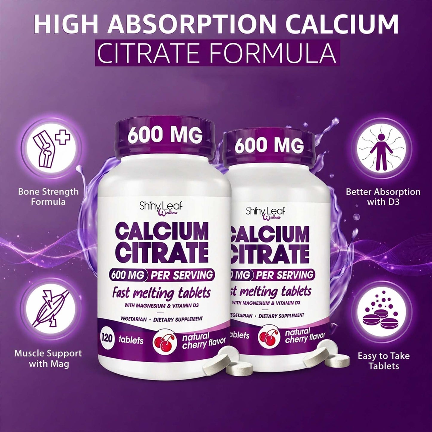 Shiny Leaf Calcium Citrate 600mg with Magnesium, Cherry Flavor, 240 Tablets