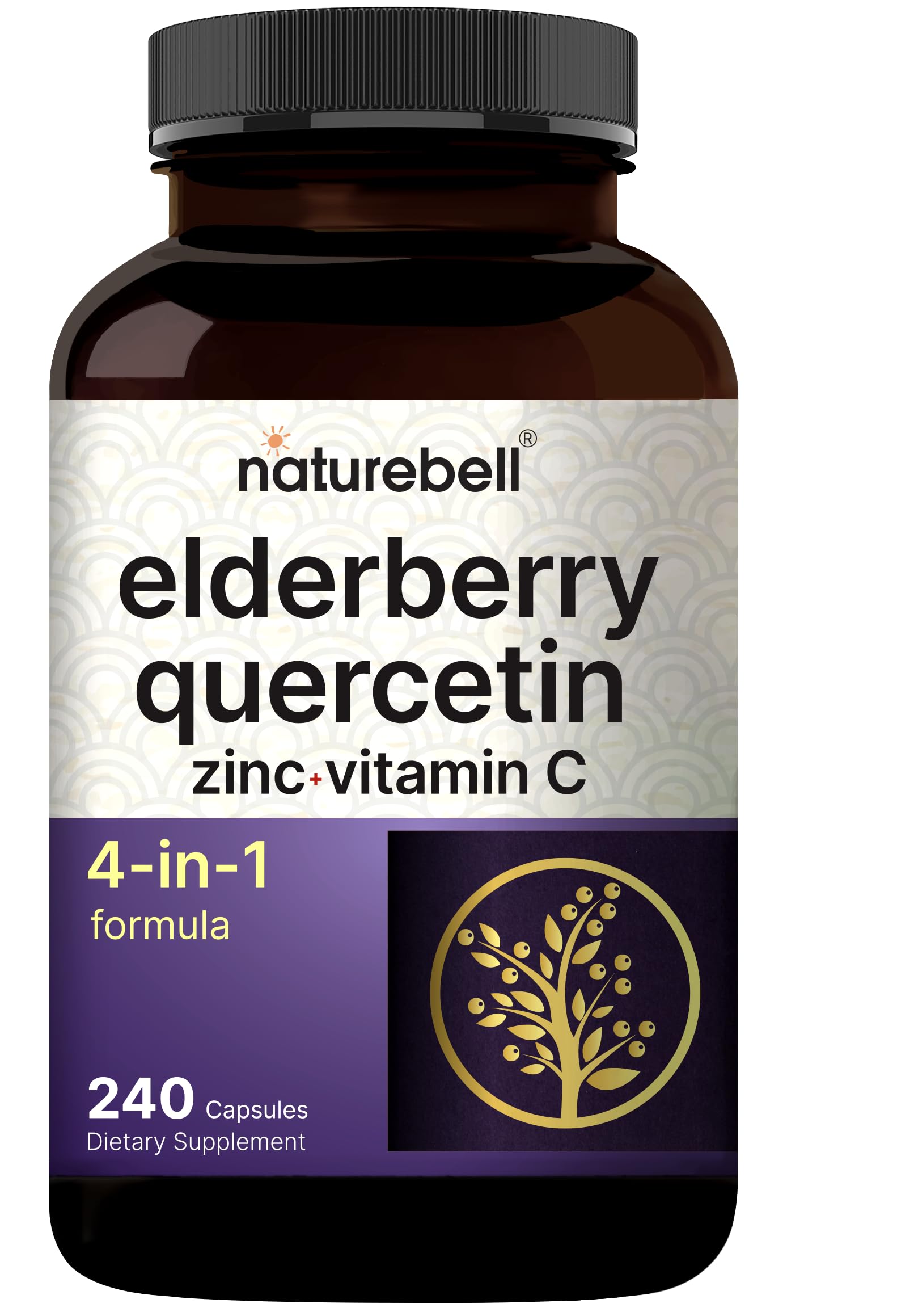 NatureBell Elderberry with Vitamin C, Zinc & Quercetin Capsules, 240 Count