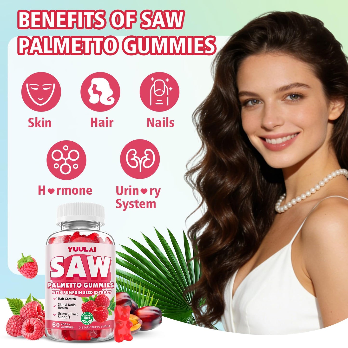 YUULAI Saw Palmetto Gummies for Women and Men, Organic Saw Palmetto with Pumpkin Seed Oil, Sugar Free Raspberry Flavor, 60 Gummies