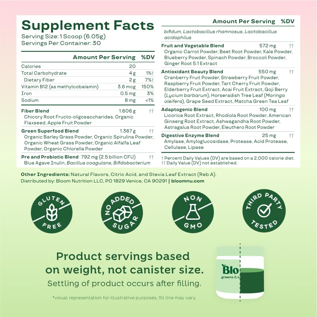 Bloom Nutrition Greens and Superfoods Powder for Digestive Health, 30 Servings