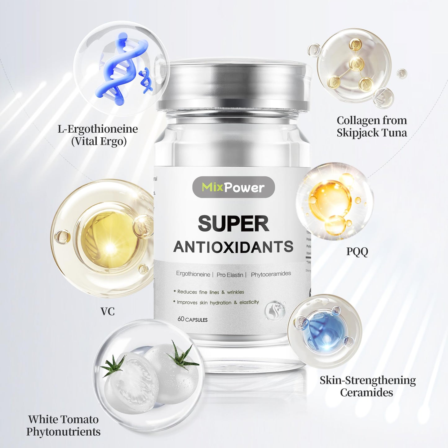 MixPower L-Ergothioneine 50mg Skin Brightening & Antioxidant Capsules with White Tomato, Collagen & Ceramide for Hydration, Elasticity & Radiance - Glowing Skin Beauty Supplement for Women, 30 Capsules