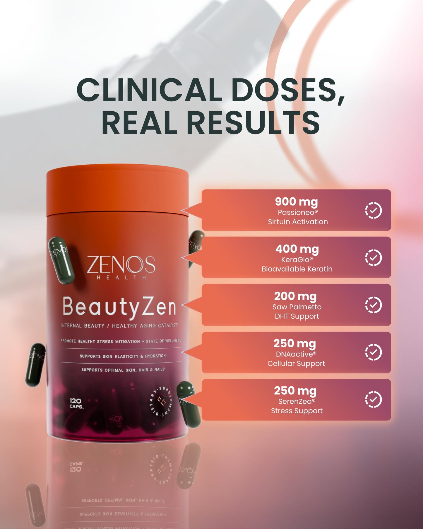 Zenos Health BeautyZen Hair Growth Supplement with DHT Blocker, Biotin, Collagen & Keratin, Antioxidants, Androgen Blocker, Anti-Aging, Keratin Complex, 120 Capsules