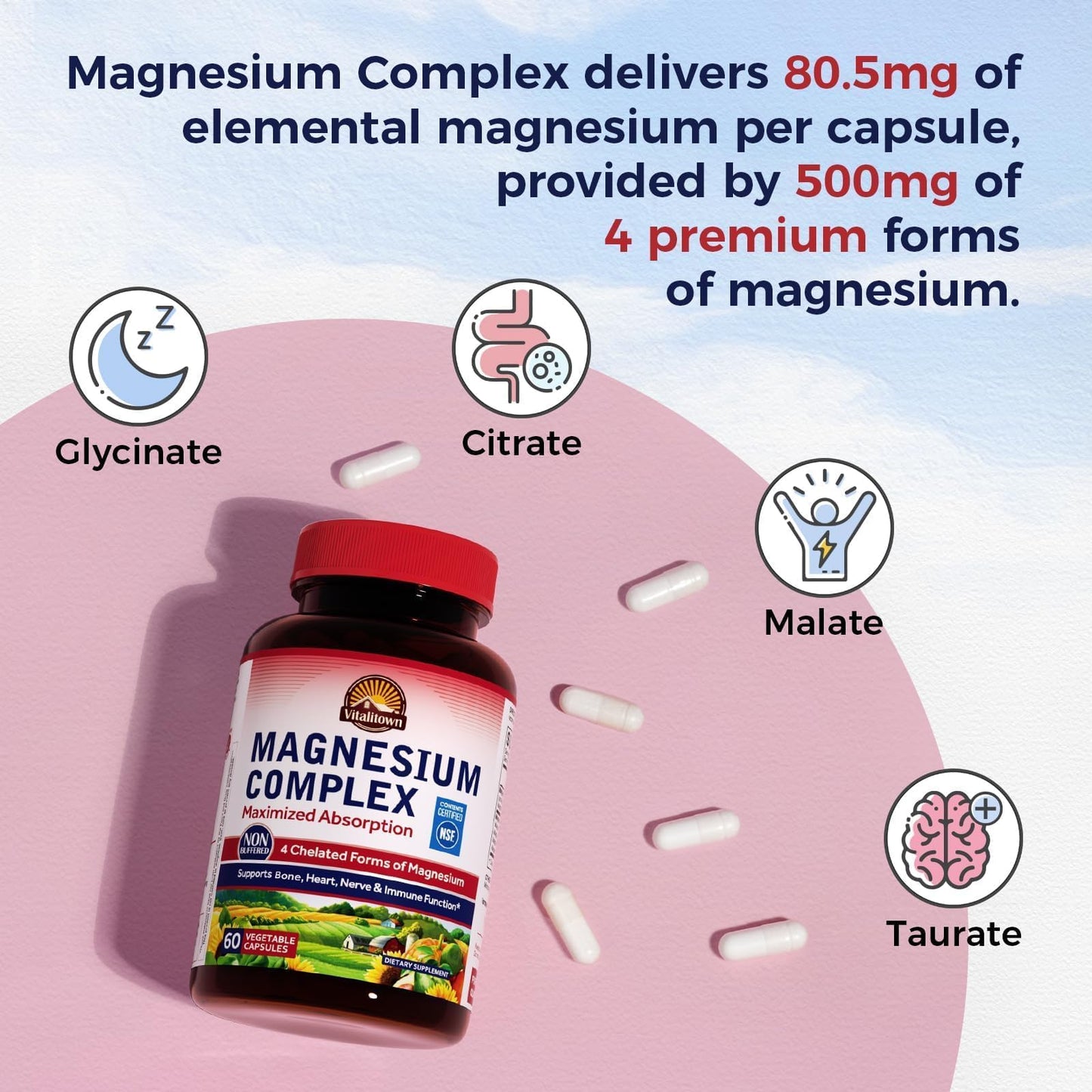 Vitalitown Magnesium Complex Supplement 500mg Capsule, 60 Count
