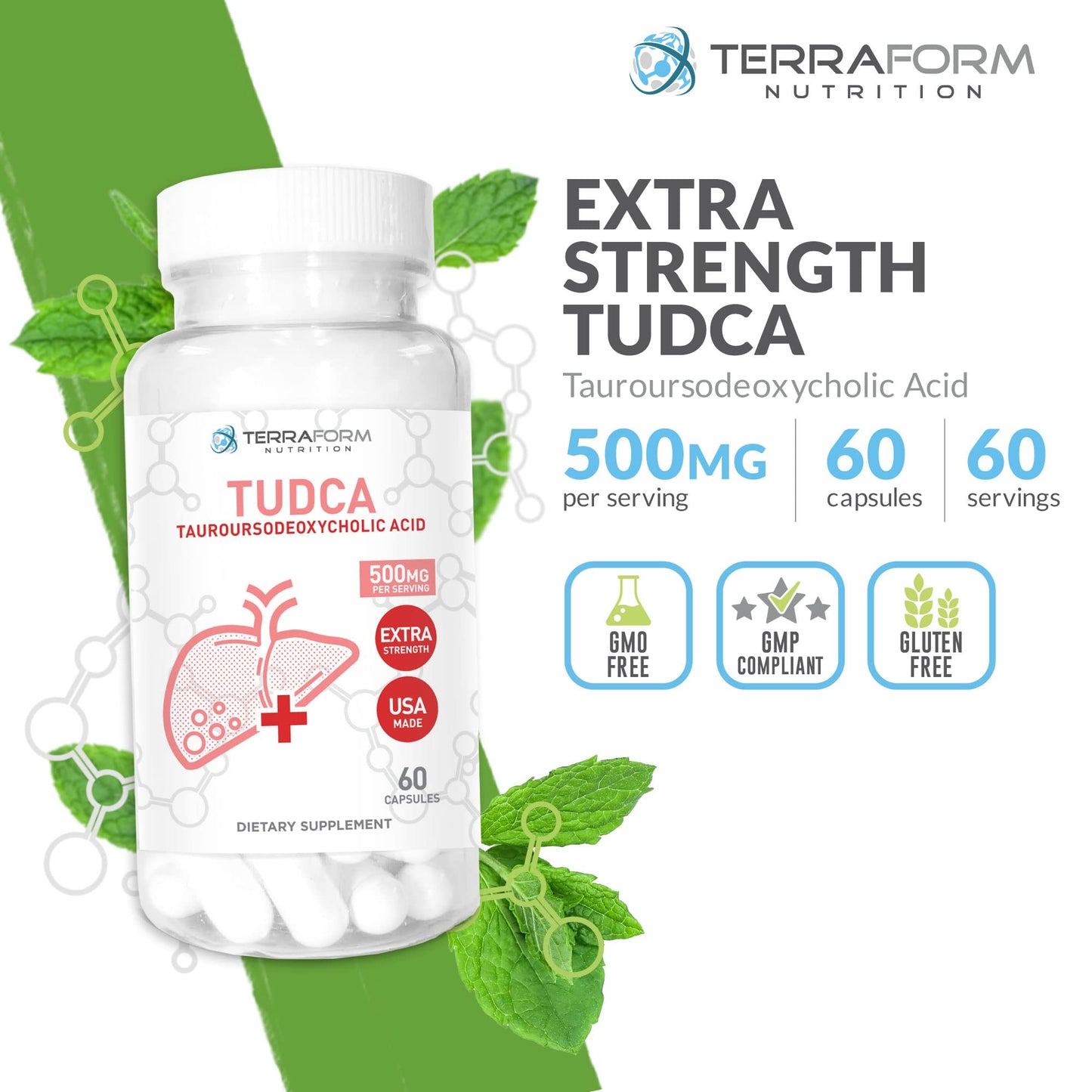 TerraForm Nutrition TUDCA 500mg Tauroursodeoxycholic Acid Capsule, 60 Capsules