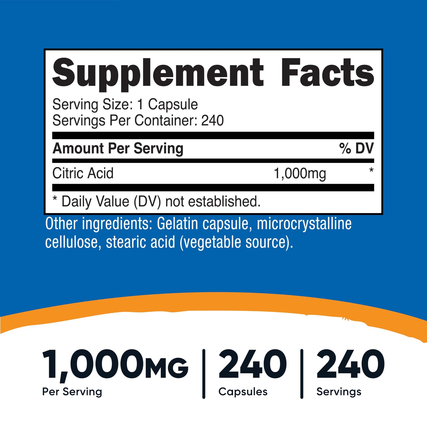Nutricost Citric Acid 1000mg (1 gram), 240 Capsules