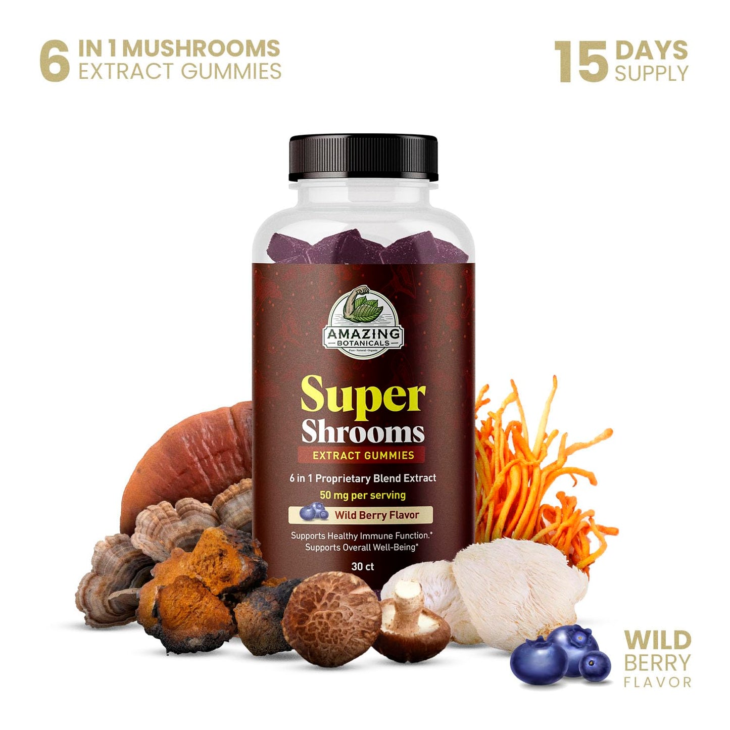 Amazing Botanicals Organic Super Shrooms 6-in-1 Mushroom Supplement Gummies 30 Count