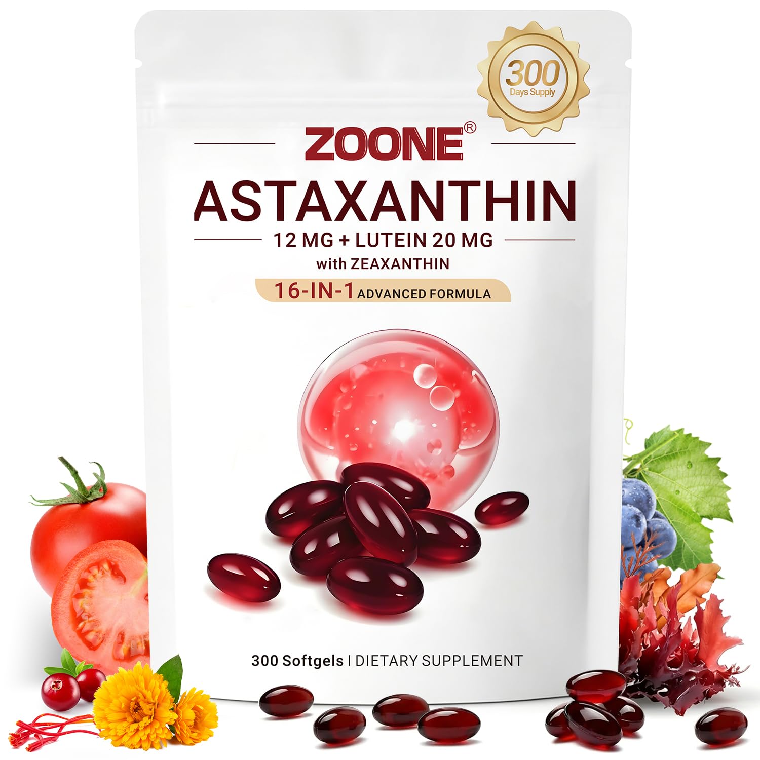 Zoone 16-in-1 Astaxanthin 12mg Antioxidant Supplements Softgels 300