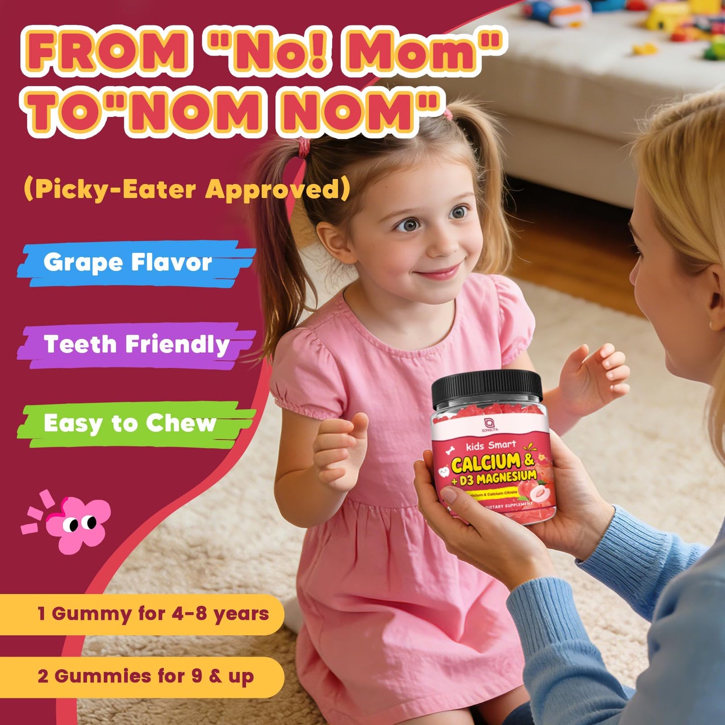 GONGOTA Calcium Citrate Gummies for Kids & Women, Sugar Free, with Vitamin D3, K2, Magnesium, Zinc, Probiotics & Prebiotics, Extra Absorption Algae Calcium, 60 Gummies