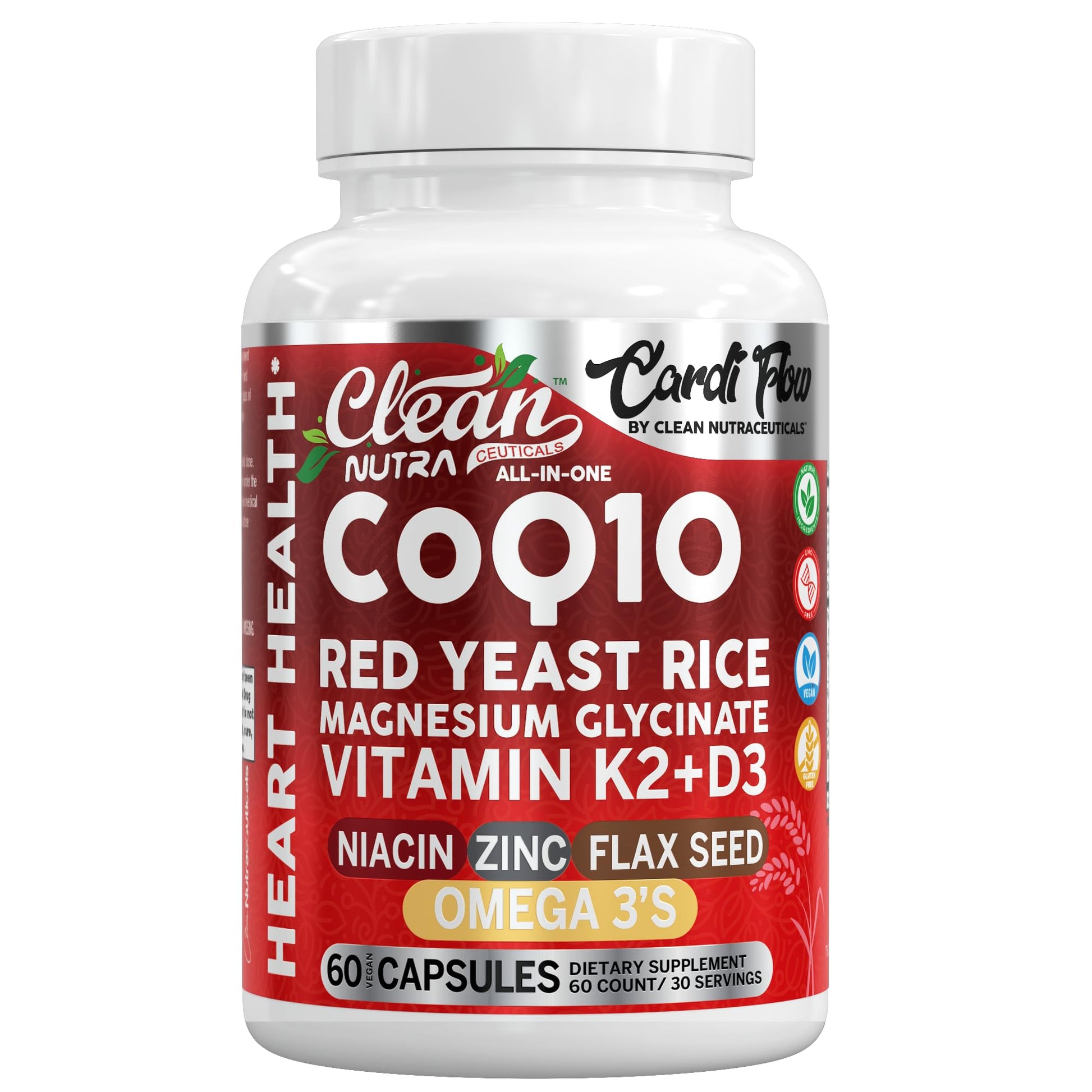 Clean Nutraceuticals CoQ10 Red Yeast Rice Magnesium Glycinate Vitamin K2 D3 Niacin Zinc Flax Seed Omega 3 Capsules 60 Count