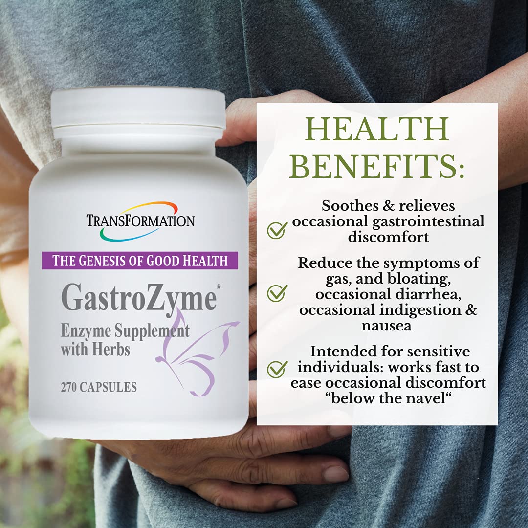 TRANSFORMATION GastroZyme Supplement with Enzymes, Papaya Leaf, and Rhodiola Rosea for Gastrointestinal Comfort, 270 Capsules