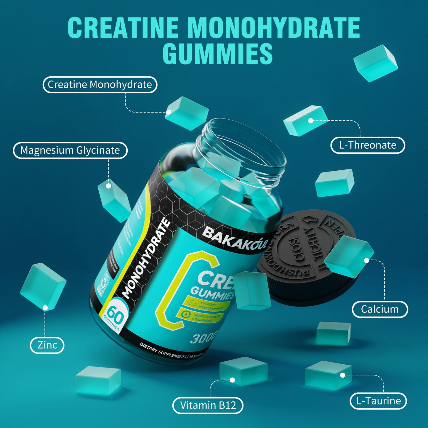 BAKAKOUL Creatine Monohydrate Gummies for Men & Women, 120 Gummies