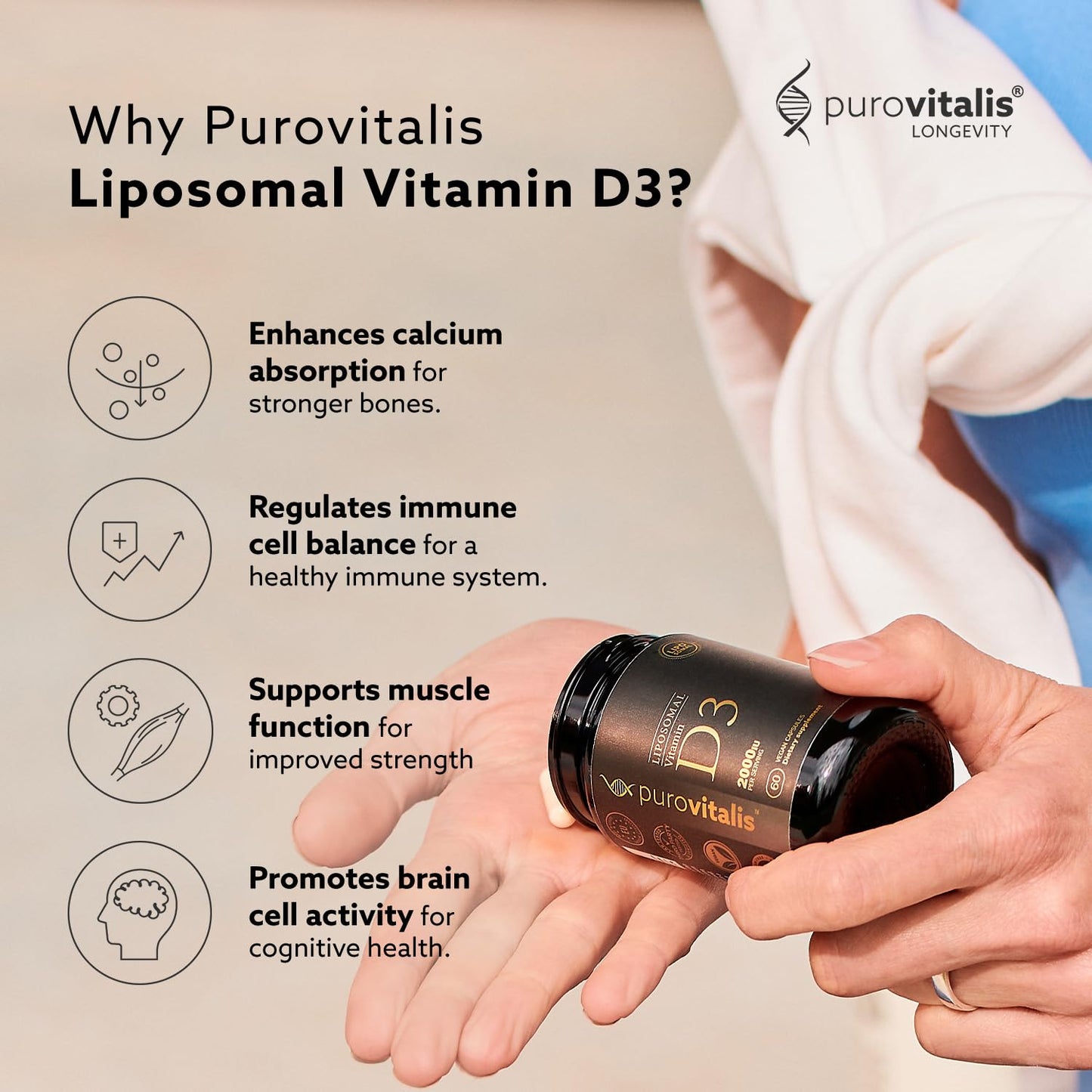 PUROVITALIS Liposomal Vitamin D3 2000iu High Strength Anti-oxidant Supplement, 60 Vegan Capsules
