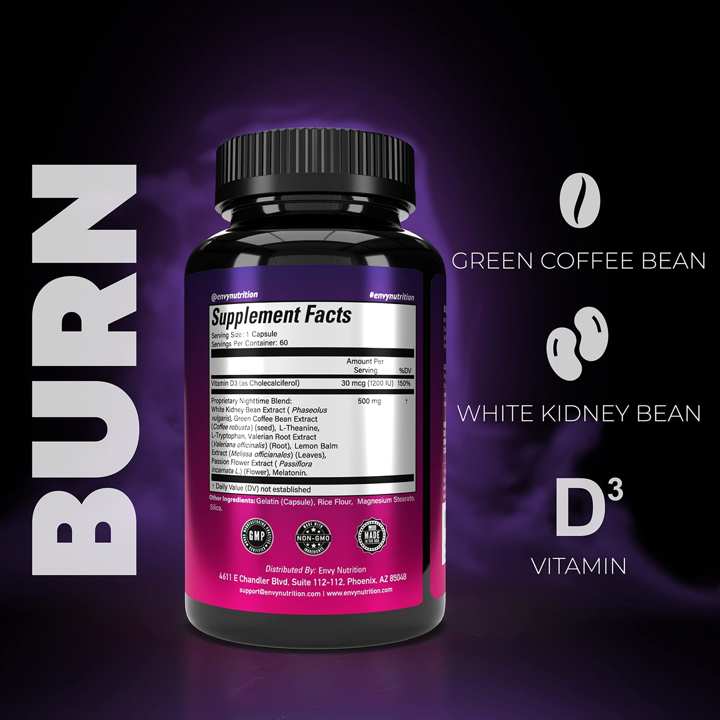 Envy Nutrition Night Time Fat Burner Supplements with Green Coffee Bean Extract Capsule 60 Count