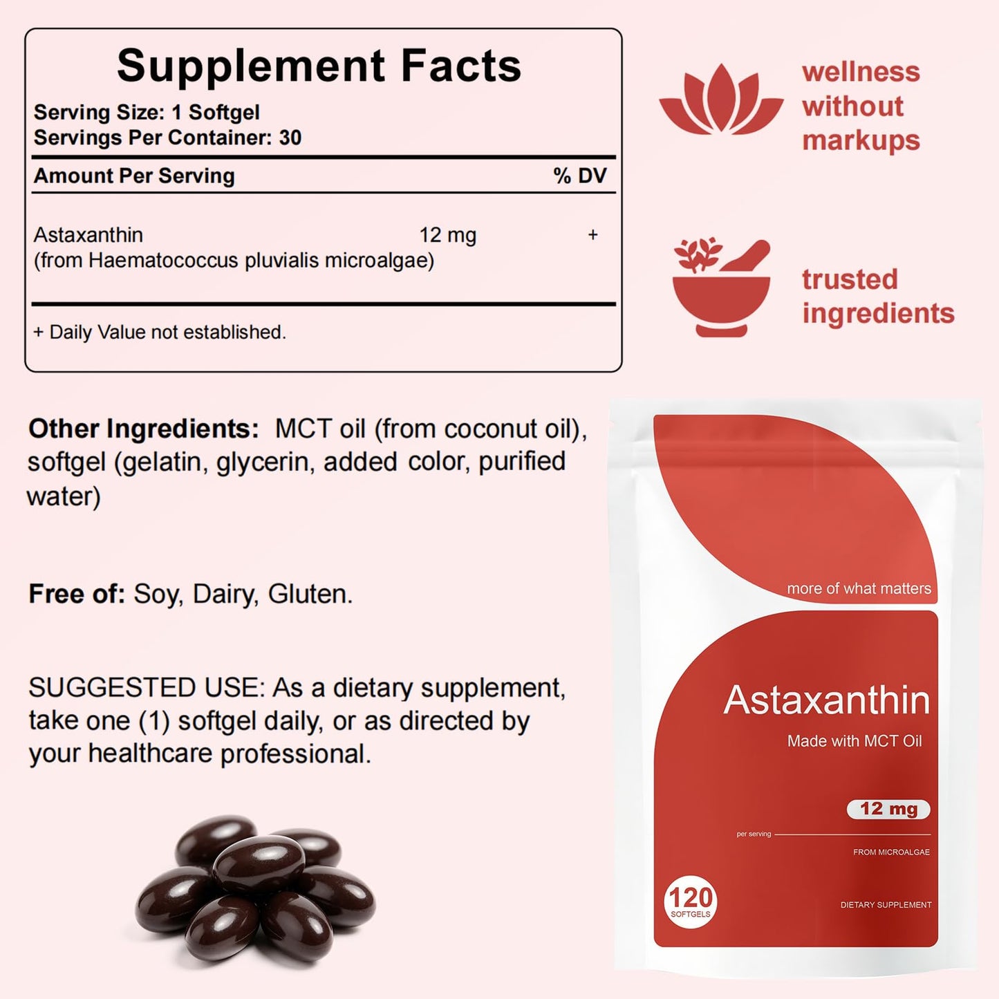 PIRTA Astaxanthin 12mg Softgels, 120 Softgels