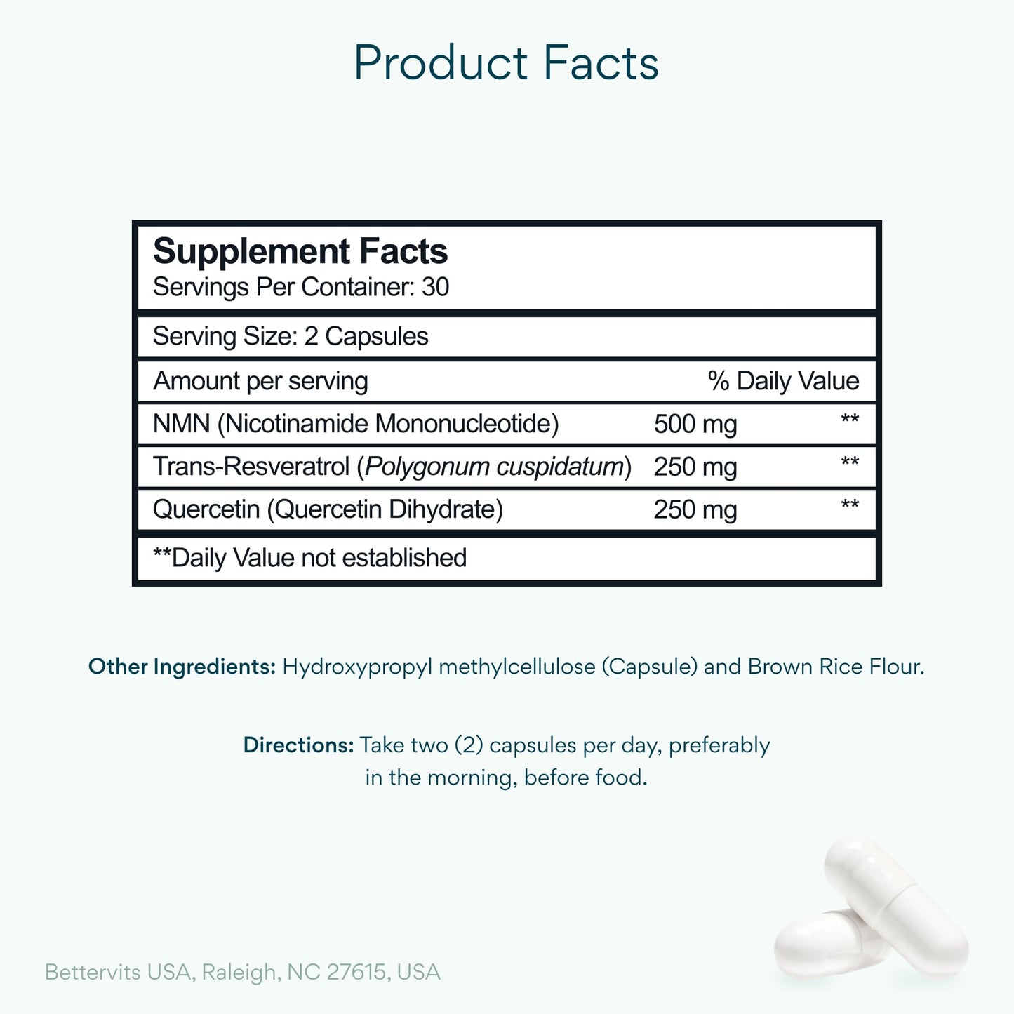 Bettervits NMN Supplement with Quercetin Powder NAD+ Resveratrol Support Formula for Cells Regeneration, Energy and Anti-Aging Support NAD Supplements for Women & Men, 60 Capsules