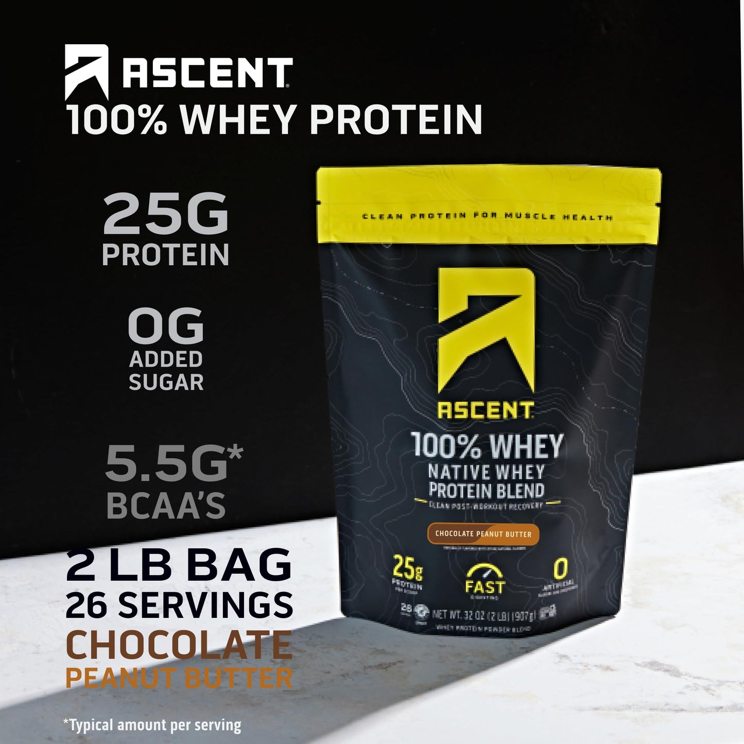 Ascent 100% Whey Protein Powder, Chocolate Peanut Butter, 2 lb & Creatine Monohydrate Powder, Unflavored, 45 Servings