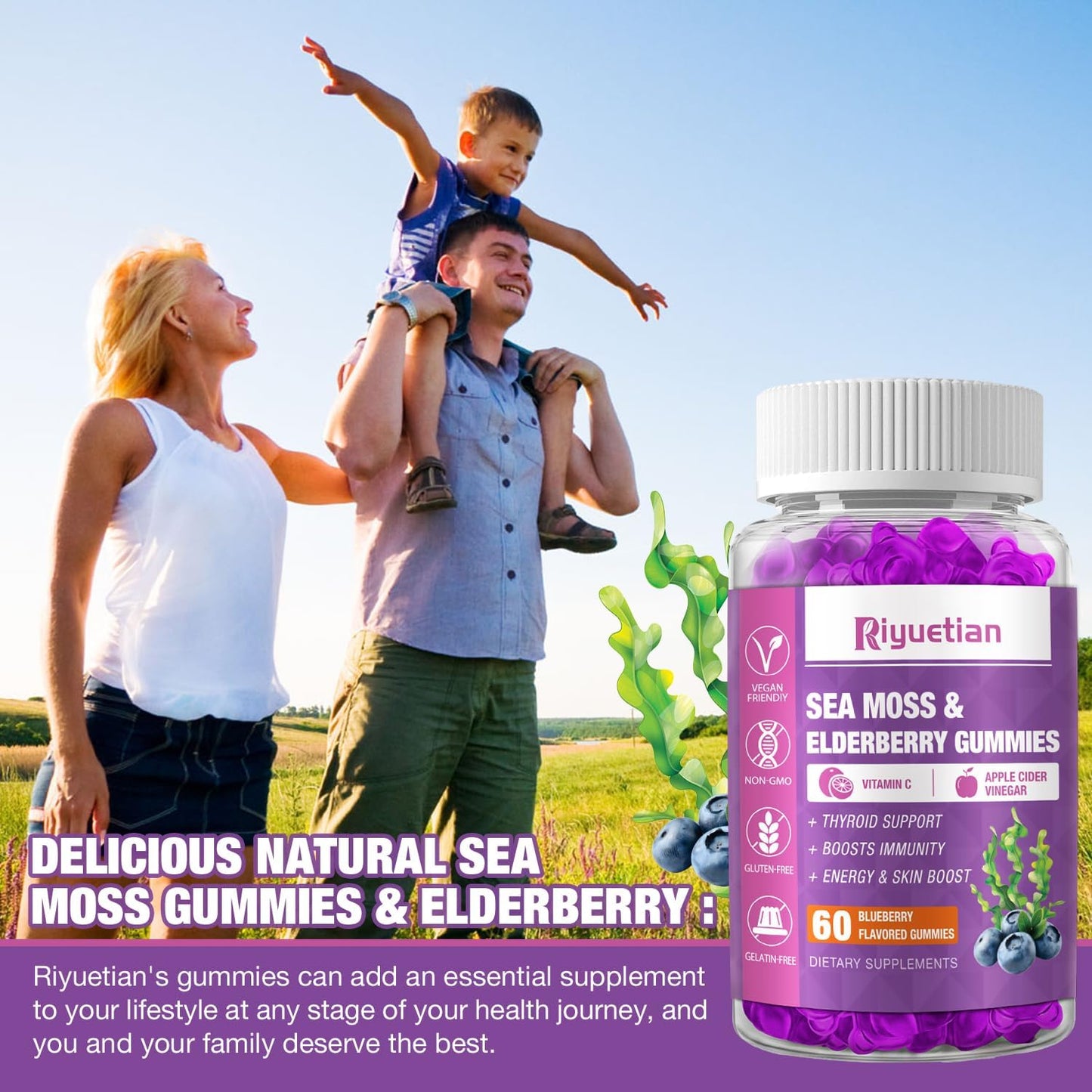 Riyuetian Sea Moss & Elderberry Gummies, 120 Count