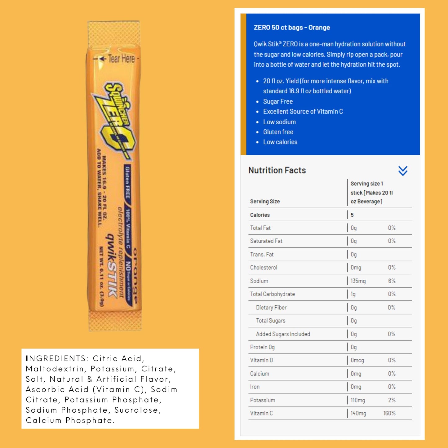 Sqwincher Zero Qwik Stik Powder, 50 Sticks