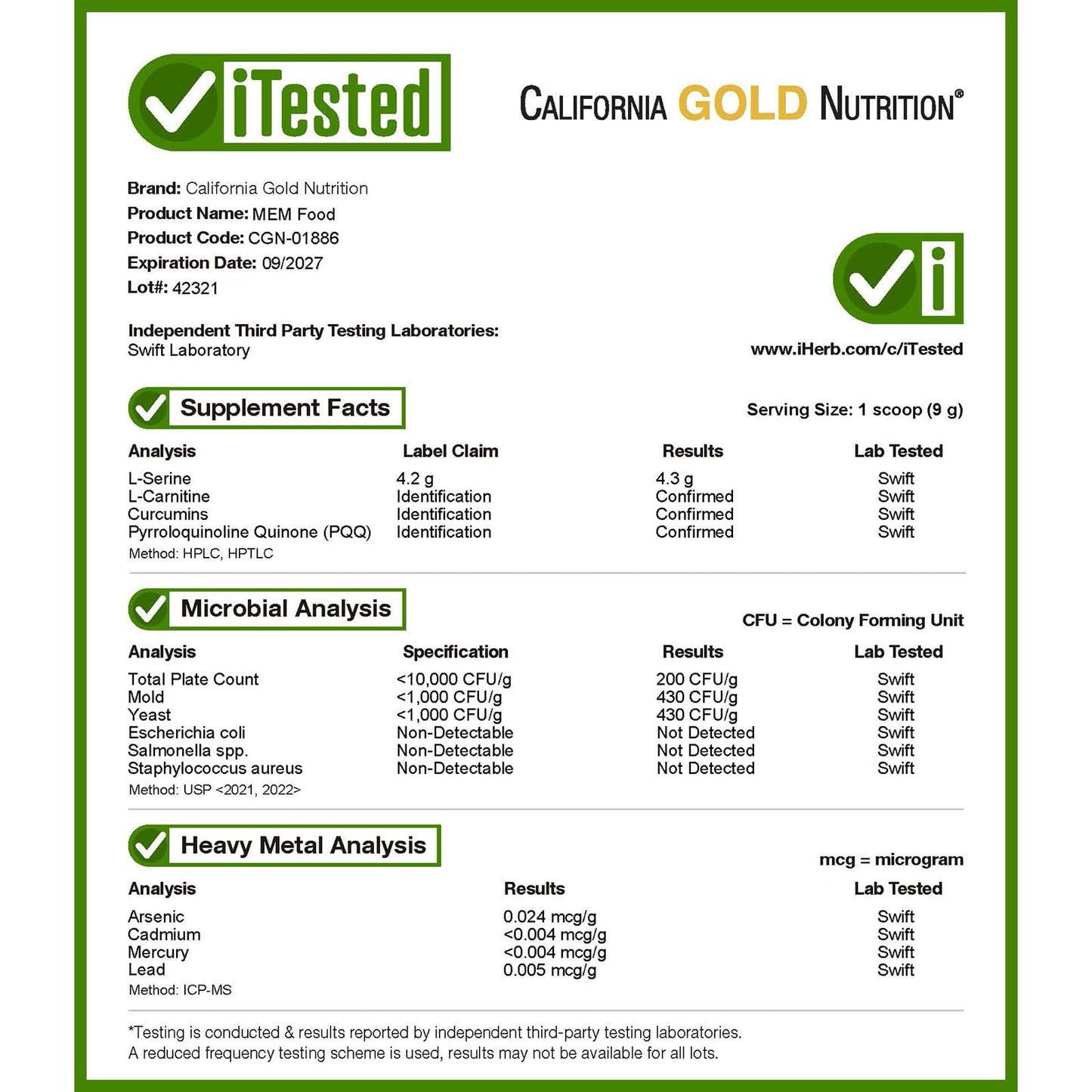 California Gold Nutrition MEM Food, Memory & Cognitive Support Powder, 17.9