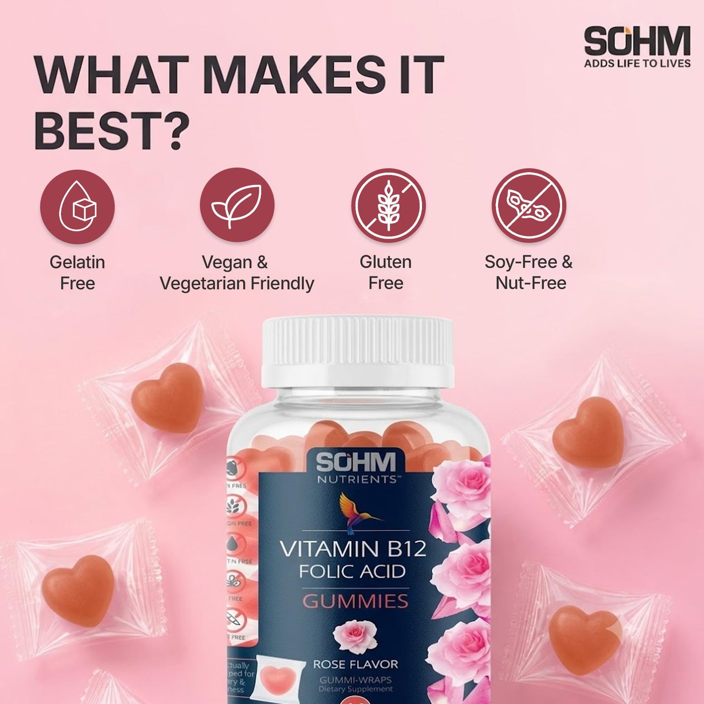 SOHM ADDS LIFE TO LIVES Folic Acid 300 mcg + Vitamin B12 for Women Gummy 60 Count