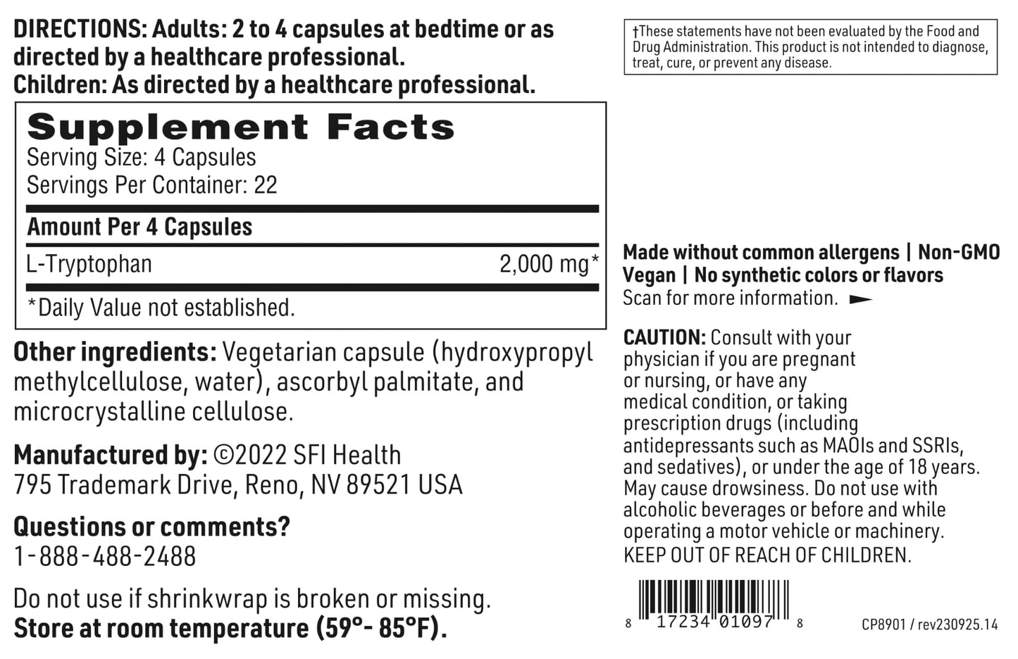 SFI Health L-Tryptophan 2000mg Capsule, 90 Count