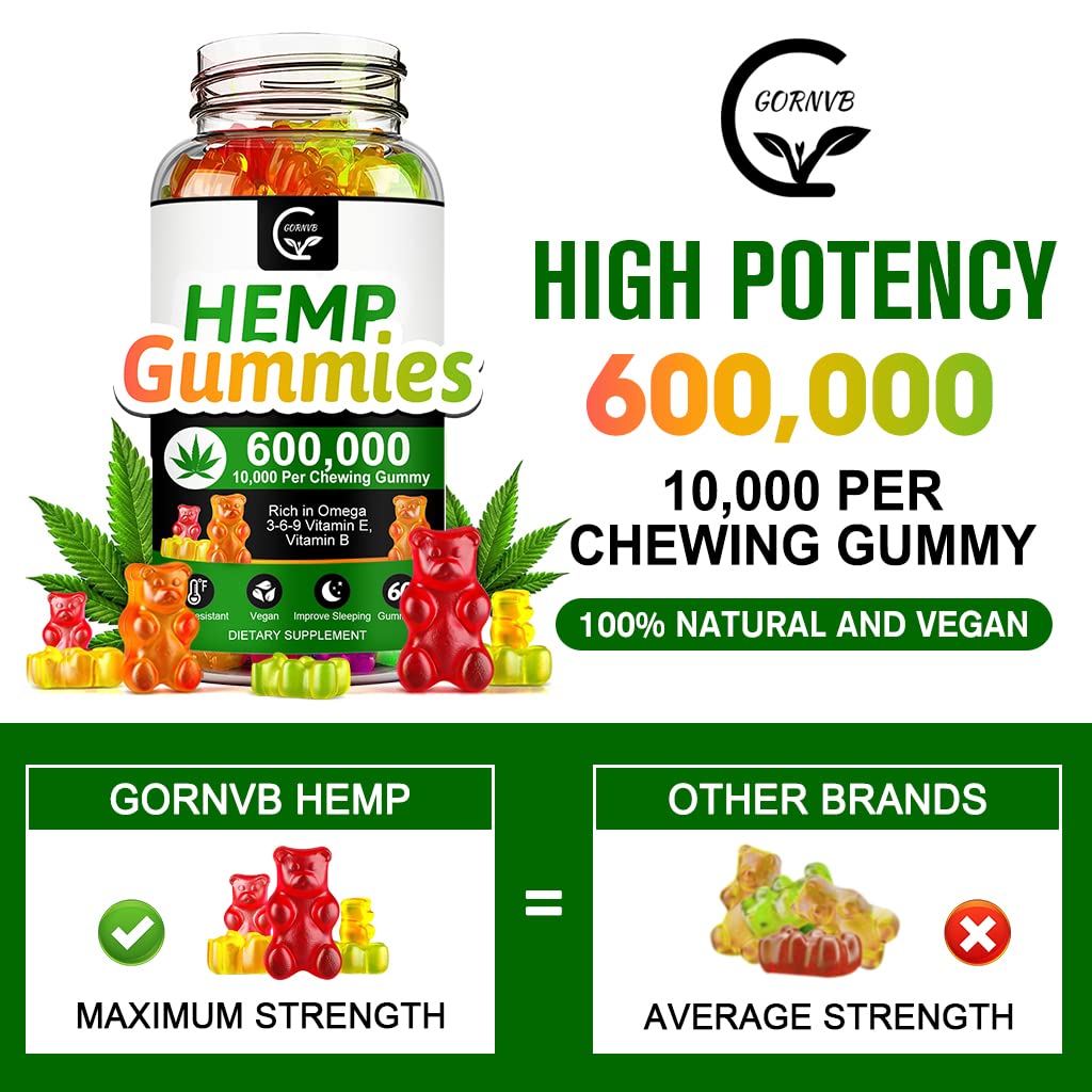 GORNVB High Potency Hemp Gummies 600,000 Extra Strength - Stress, Sleep & Mood Support, 100% Natural Hemp Oil Infused, Vegan, Non-GMO, Gluten-Free - 180 Gummies