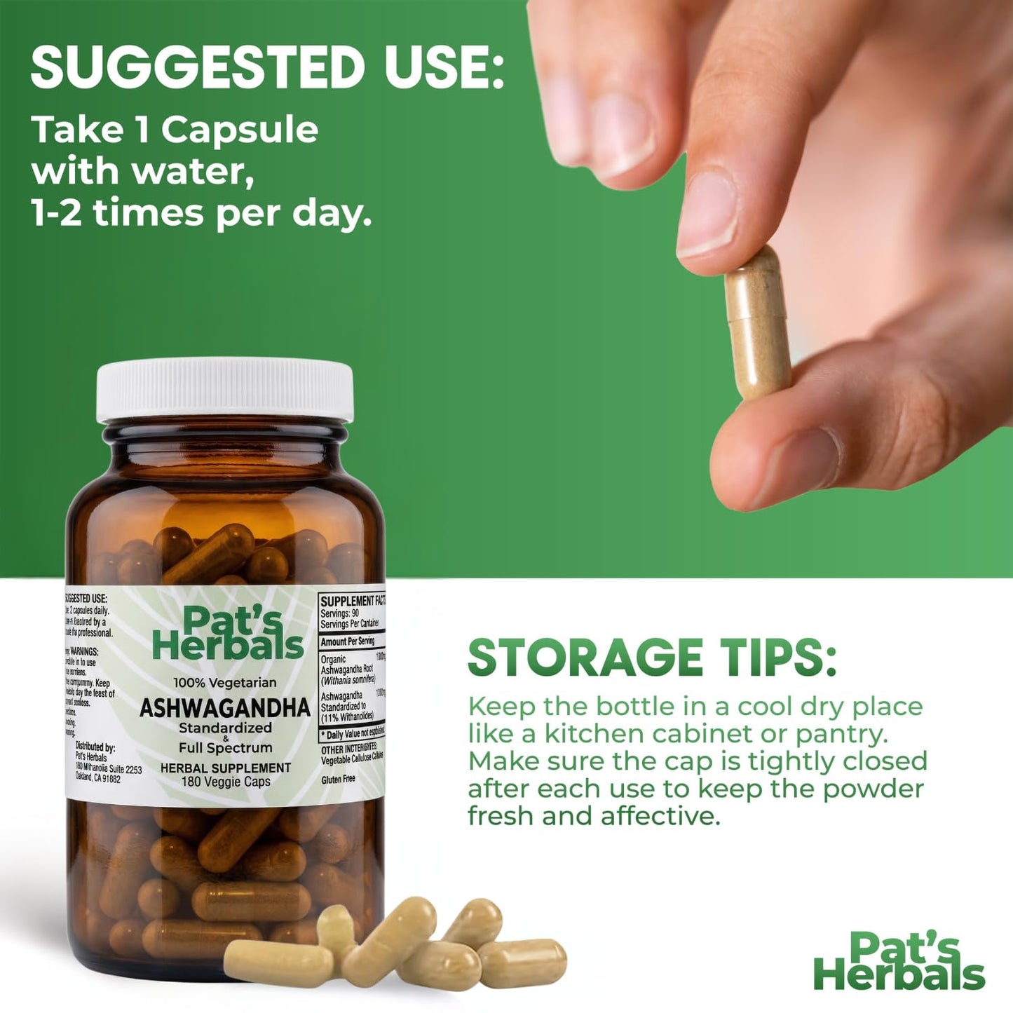Pat's Herbals Ashwagandha 180 Count Capsules