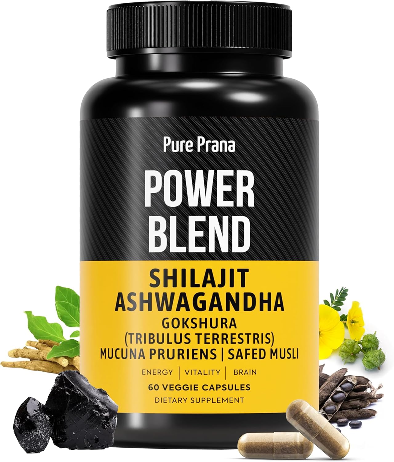 Pure Prana Shilajit for Men with Ashwagandha, Safed Musli & Gokshura - Testosterone, Energy & Vitality Support - 5-in-1 Himalayan Power Blend, 60 Veggie Capsules