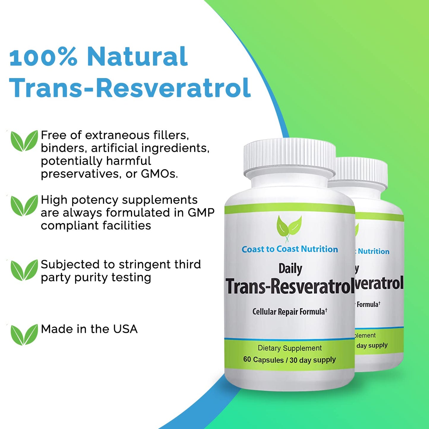 Coast to Coast Nutrition Trans-Resveratrol Supplement Capsules 60 Count