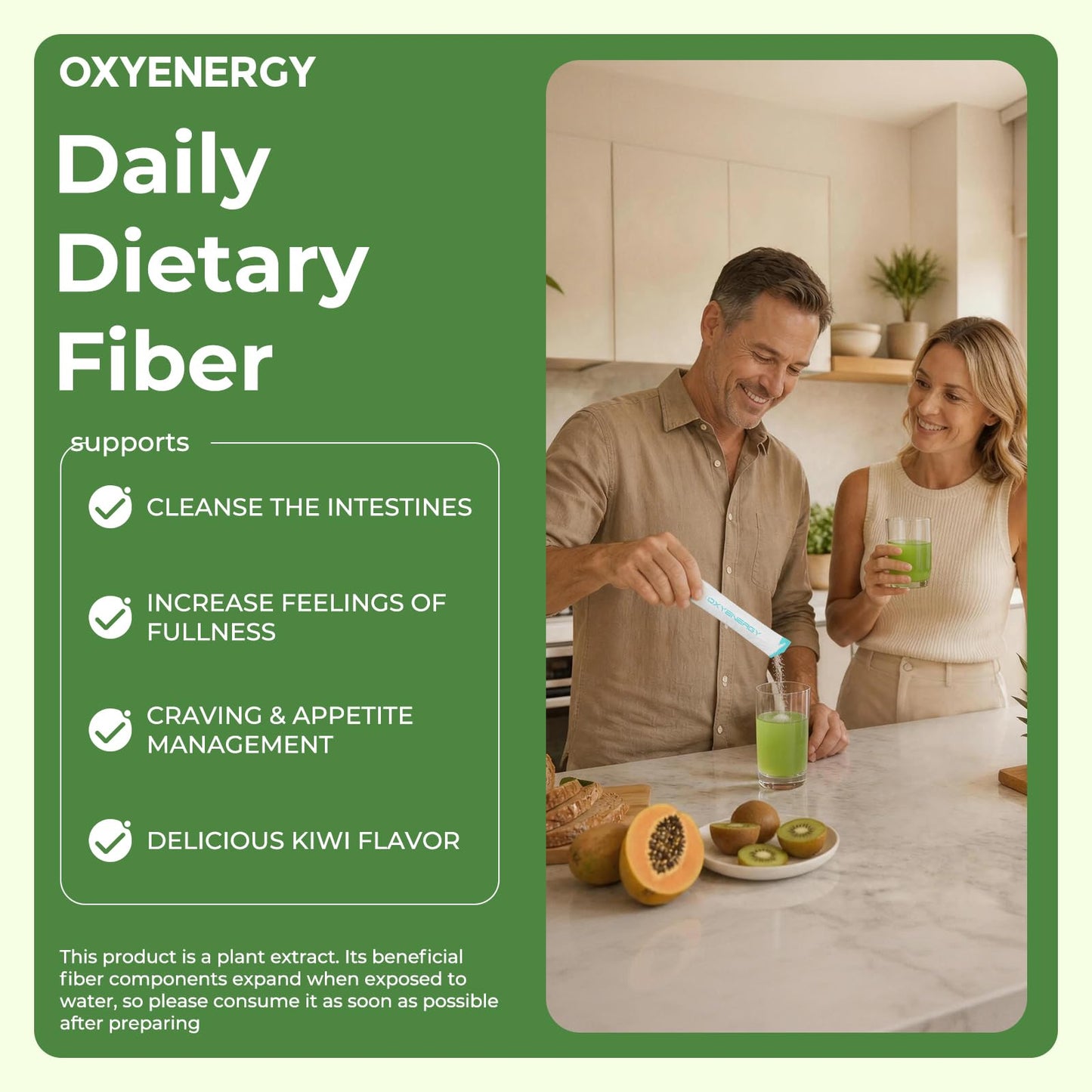 OxyEnergy Psyllium Husk Powder Organic Fiber Supplement Kiwi Flavored 30 Packets