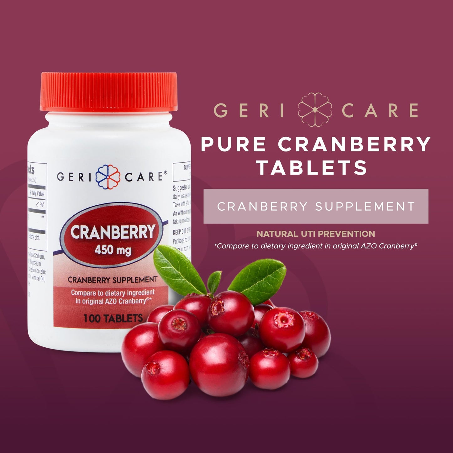 GeriCare High-Potency Cranberry 450mg Supplement Tablets 300 Count