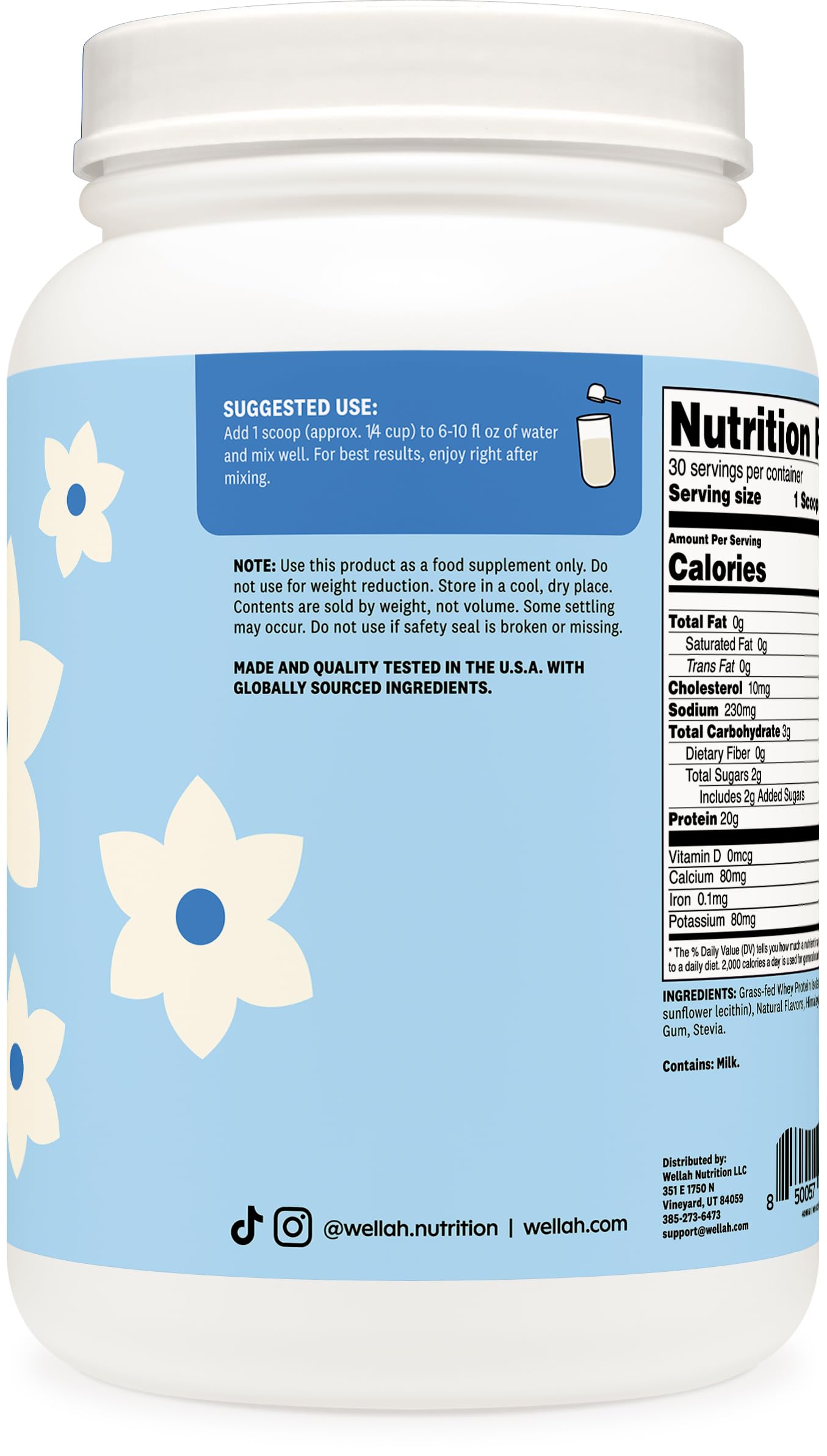 Wellah Grass-Fed Whey Protein Isolate Powder (Vanilla), 27 Servings